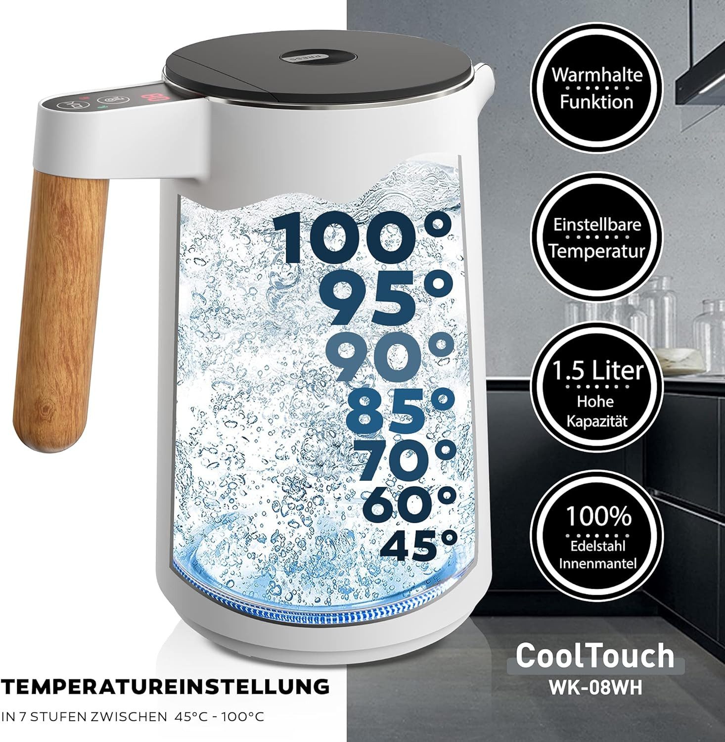 Balter Wasserkocher hochwertiger Teekocher aus Edelstahl, 1.5 l, 2200,00 W, kabelloser Wasserkocher mit Temperatureinstellung, BPA frei
