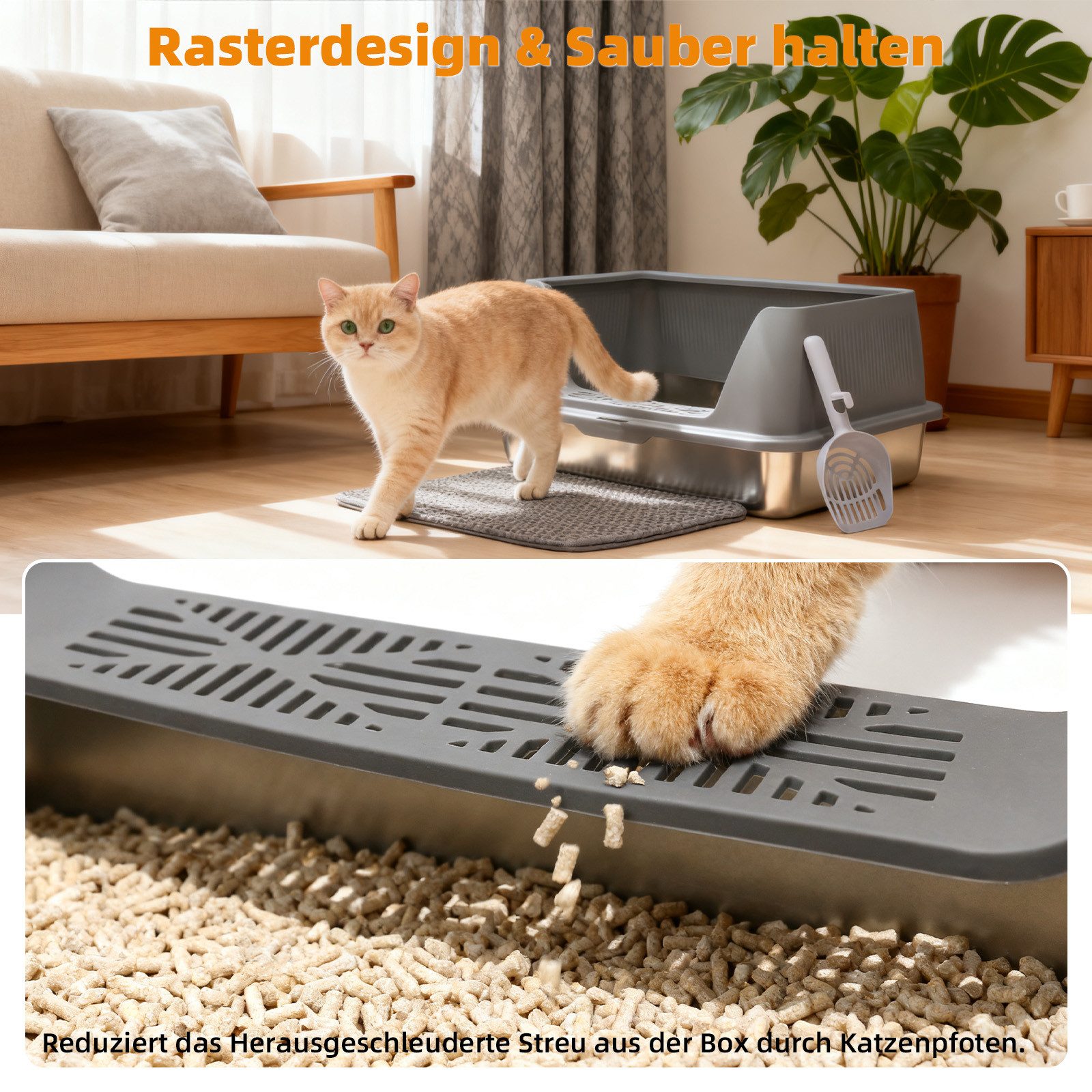 kisidus Katzentoilette Geschlossene Katzenklo Edelstahl 60 x 40 x 25 cm, Mit Hochwandigem Seitengehäuse Nicht-Klebrig & Einfach zu Reinigen