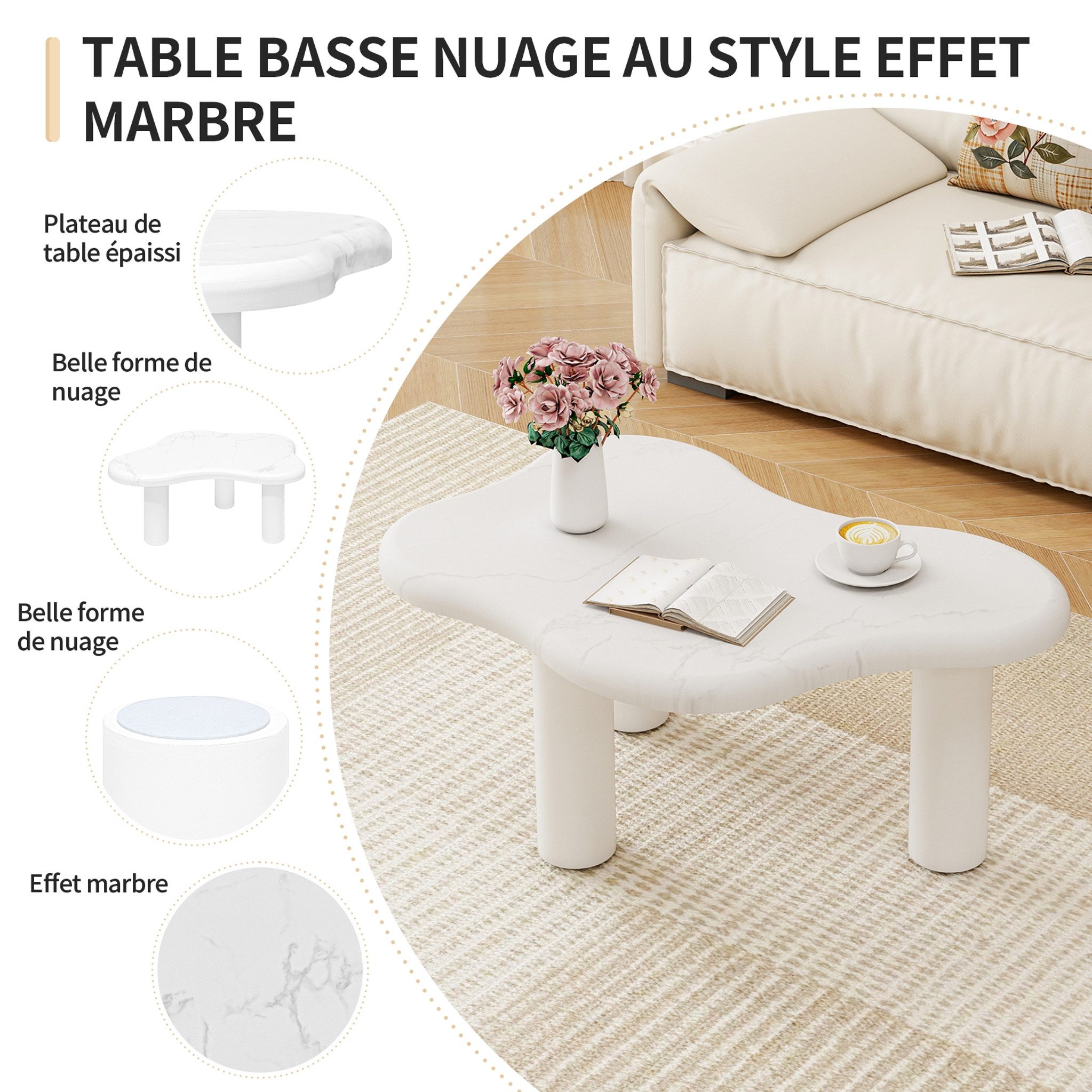MC Star Couchtisch Wolkenförmiger Couchtisch in Marmoroptik, Moderner Wohnzimmertisch (mit abgerundeten Kanten, stabile Massivholzbeine, pflegeleichte Oberfläche, ideal für Wohnzimmer & Lounge)