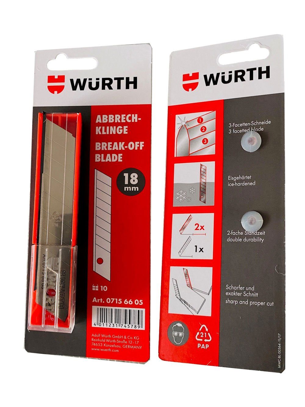 Würth Messerklinge Würth Cutter Messer 10x Abbrechklinge 18mm eisgehärtete Klinge (10-St)