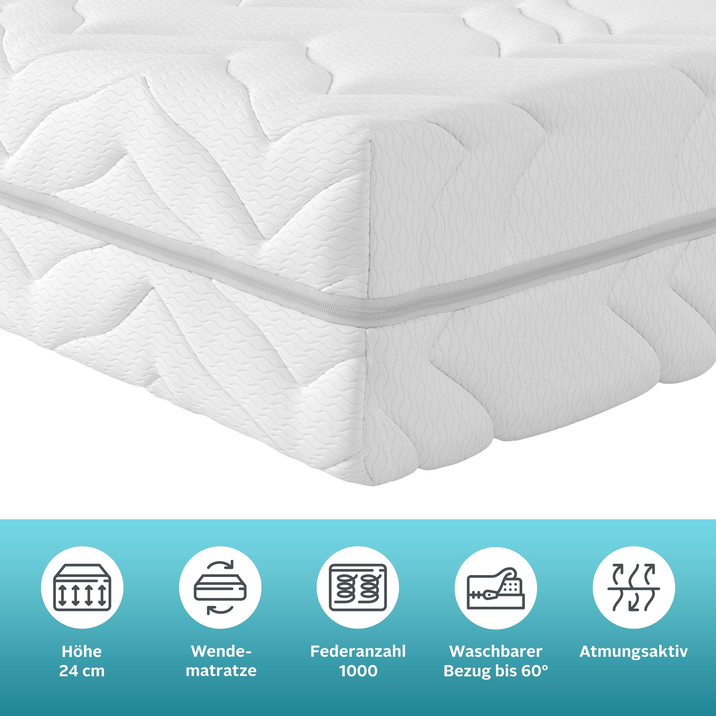 Taschenfederkernmatratze Sonet 24, 7 Zonen Matratze 90x200 cm, 140x200 cm & mehr, OTTO home, 24 cm hoch, Wendematratze H2/H3/H4, ergonomisch, 1000 Federn (bei 1 – Bild 4 von 5