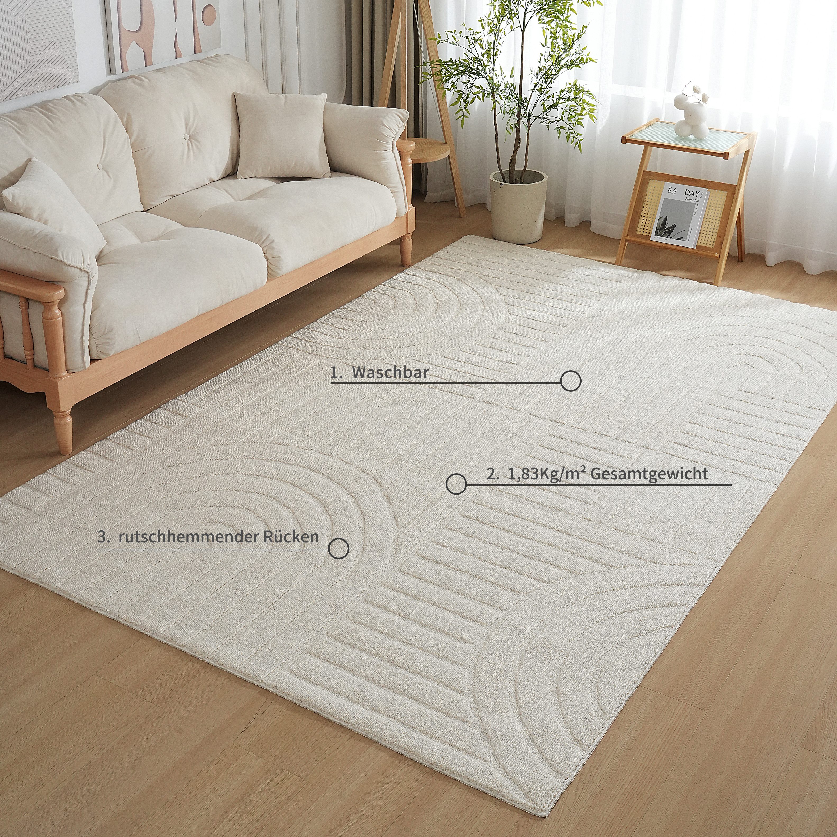 OTTO home Teppich Neele, Boho-Design, Hoch-Tief, waschbar, rechteckig, Höhe: 12 mm, 3D Optik, Skandinavisch, Designteppich, Wohnzimmer, Schlafzimmer