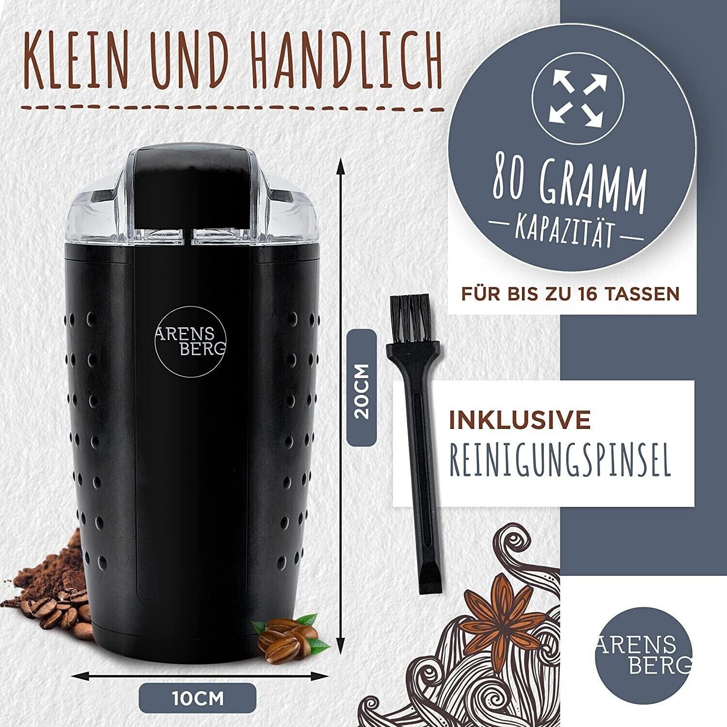 Arensberg Kaffeemühle Elektrische Kaffeemühle Coffee Grinder für Kaffeebohnen Nüsse Gewürze, 150,00 W, 80,00 g Bohnenbehälter, fein bis grob gemahlener Kaffee