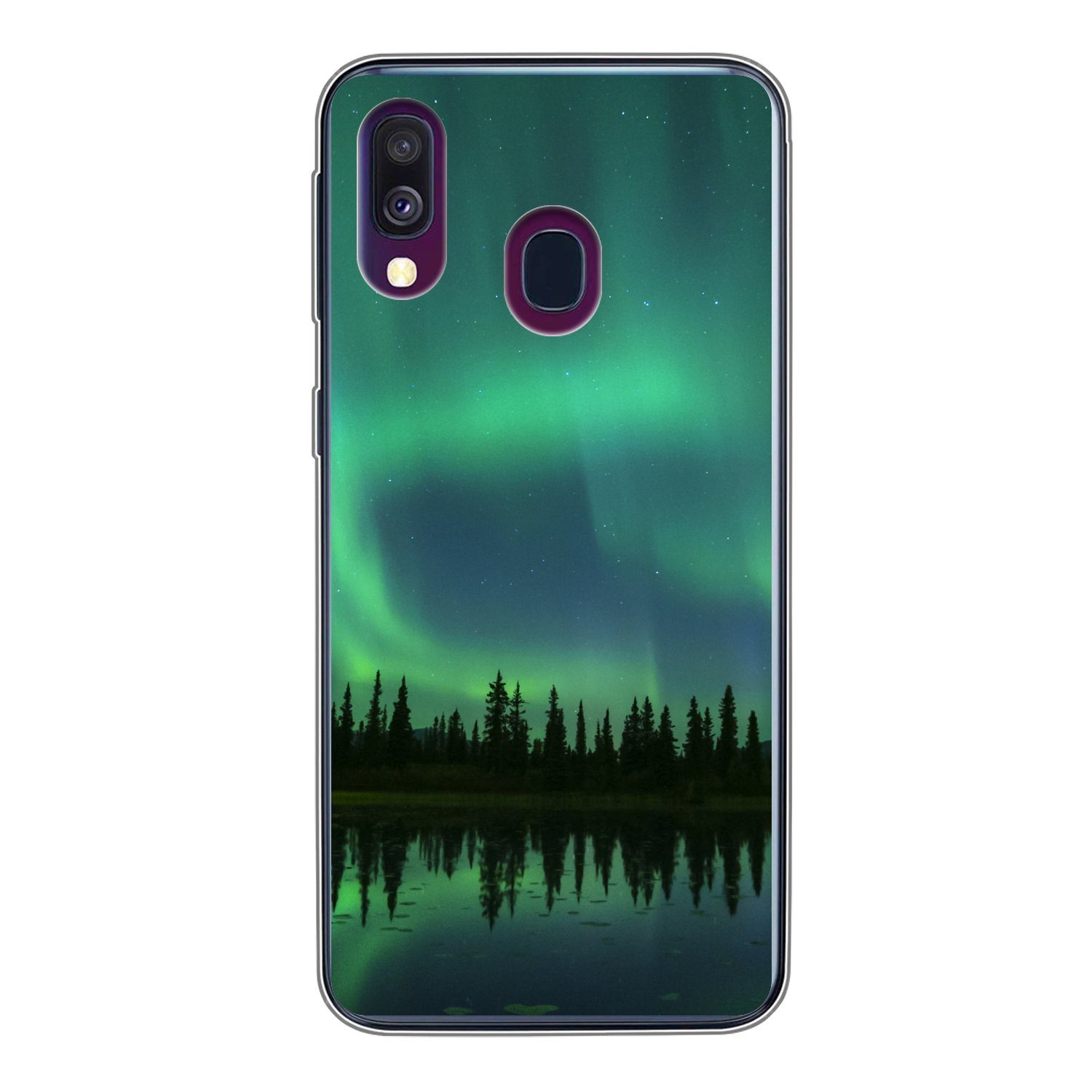 MuchoWow Handyhülle für Samsung Galaxy A40 Nordlicht - Bäume - Wasser - Alaska, Smartphone-Bumper, Print, Handy Schutzhülle Dünn