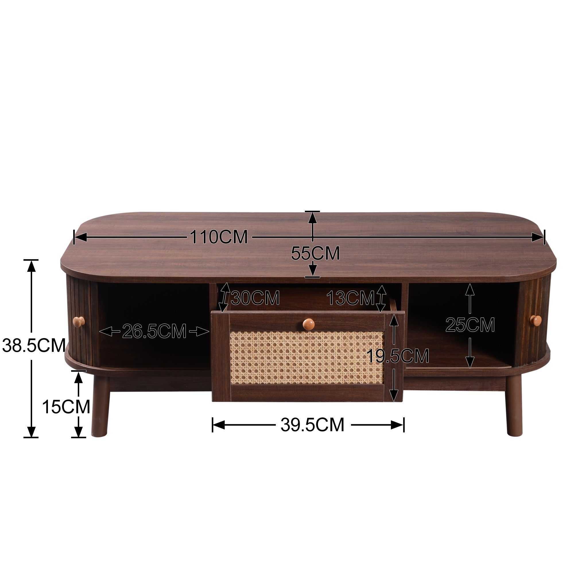 HAUSS SPOLE Couchtisch Couchtisch Kaffeetisch Sofatisch Rattan-Couchtisch (chubladen mit Rattan und Schiebetüren mit Massivholzlatten, TV-Ständer mit Rattanseiten), modernes Design