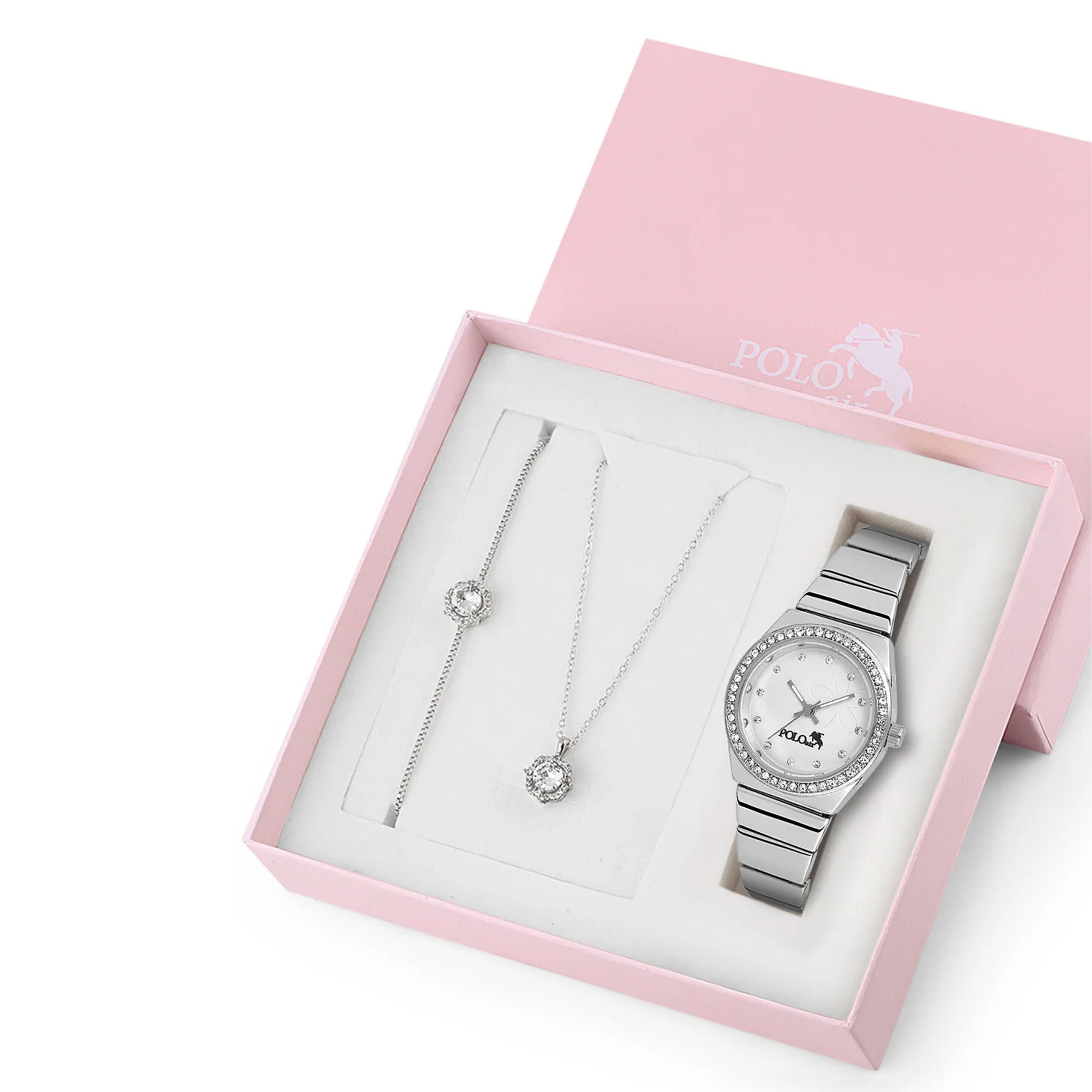 Jungengel Schmuckset Silver Blossom Damen Geschenkset Uhr Halskette Armband Schmuckbox (Set, 3-tlg., Damenarmbanduhr in Silberoptik, Halskette mit Zirkonstein-Anhänger), Luxus Damen Geschenkset mit Uhr Halskette Armband und Geschenkbox