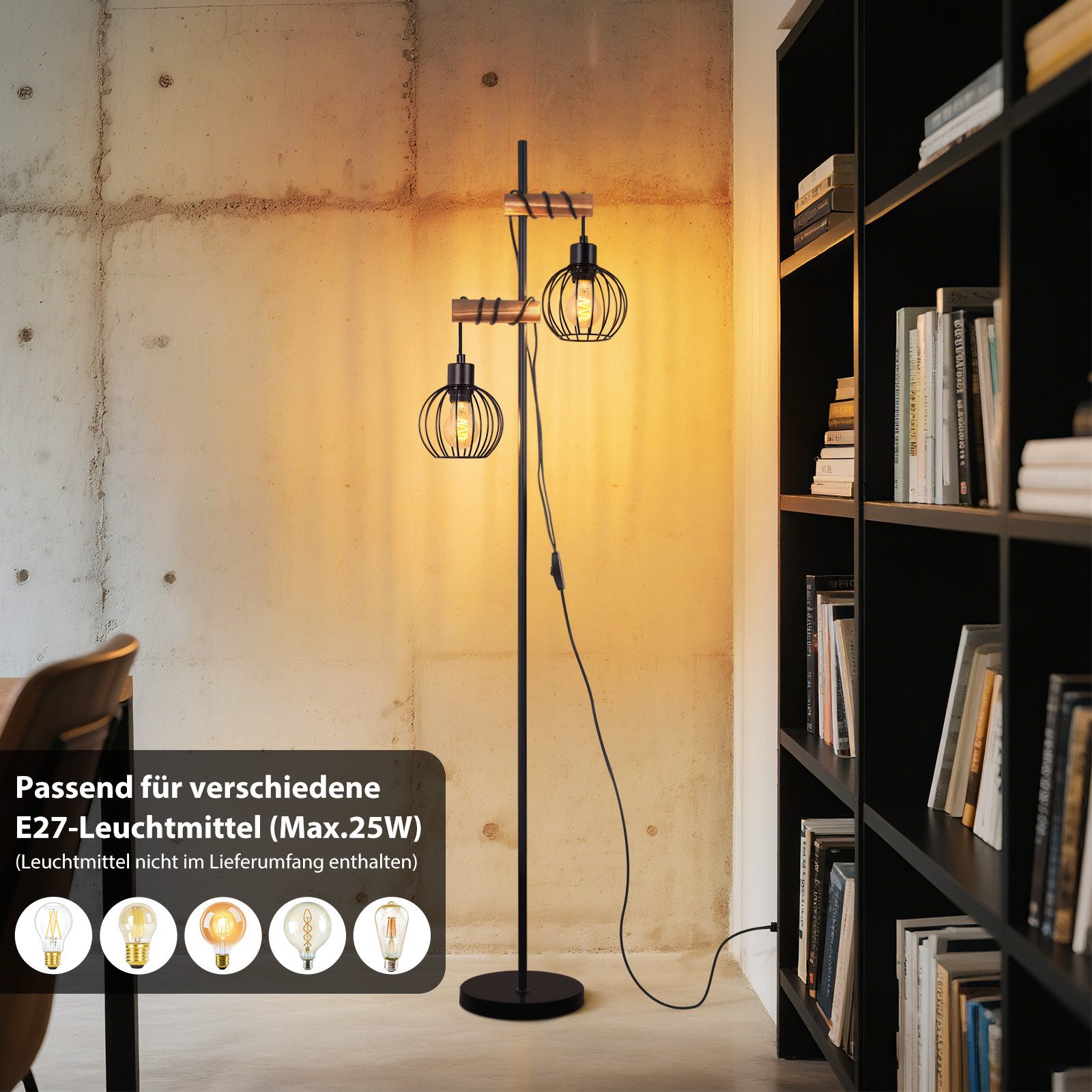 Nettlife Stehlampe Stehleuchte 2 Flammig schwarz Vintage aus Holz 151cm, mit Kippschalter, LED wechselbar, für Wohnzimmer schlafzimmer Esszimmer Büro