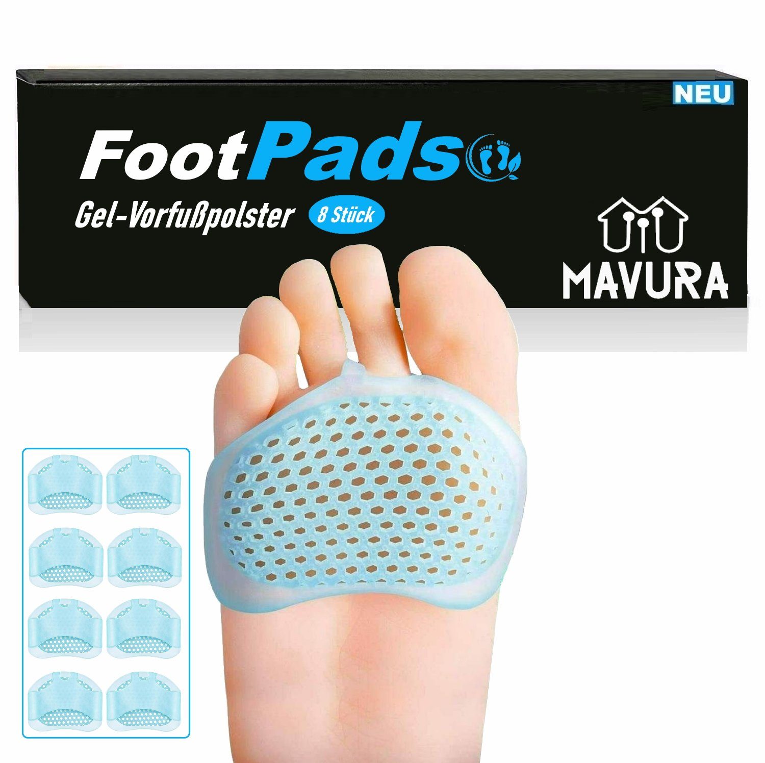 MAVURA Fußpolster FootPads Vorfußpolster Gel Fußpads Silikon Fußpolster, Vorfußschutz Ballenkissen, Ballenpolster Plattfüße Metatarsal Pads [8er Set]