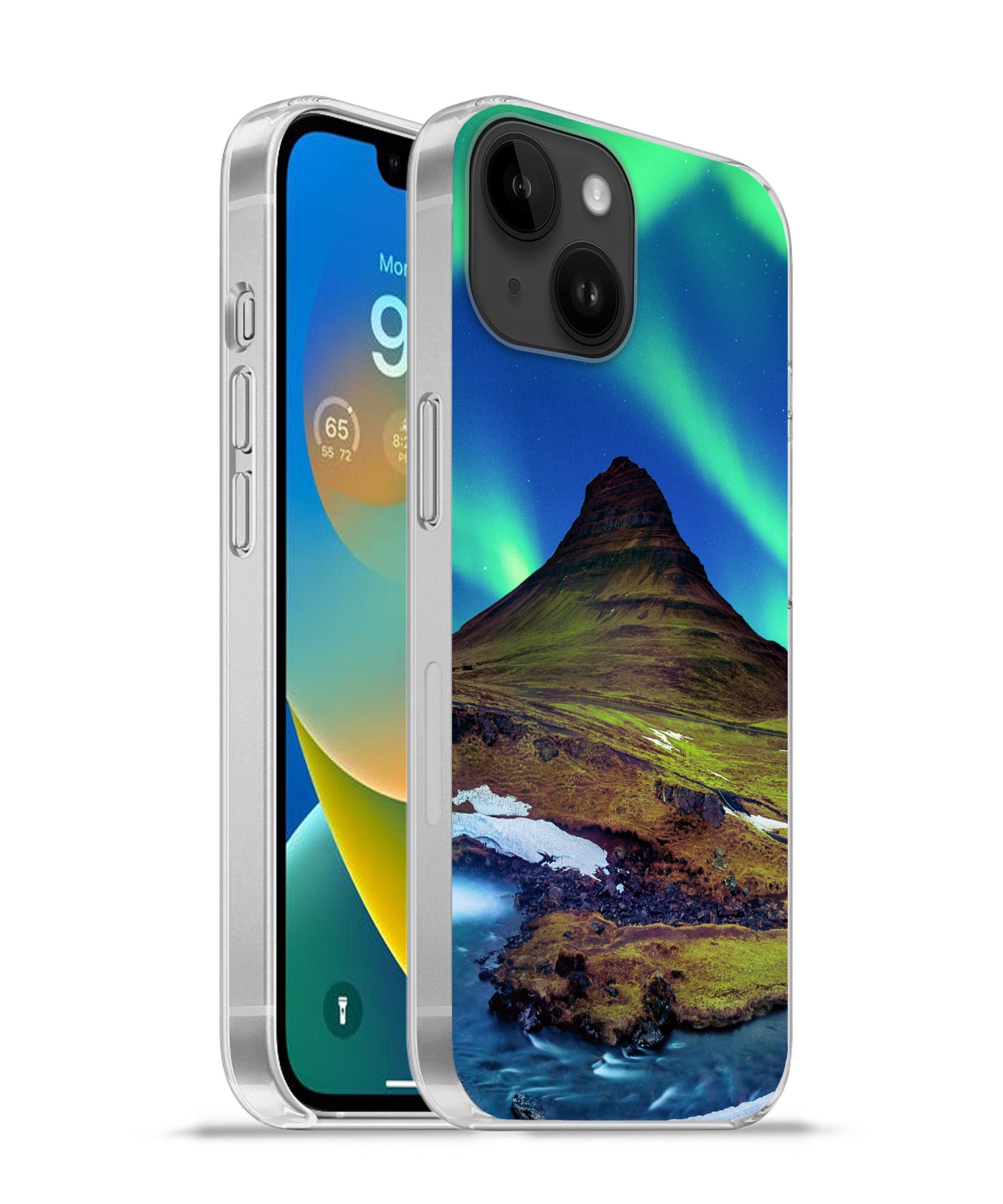 Handyhülle für Apple iPhone 14 Nordlicht - Sternenhimmel - Island - Berg - Grün -