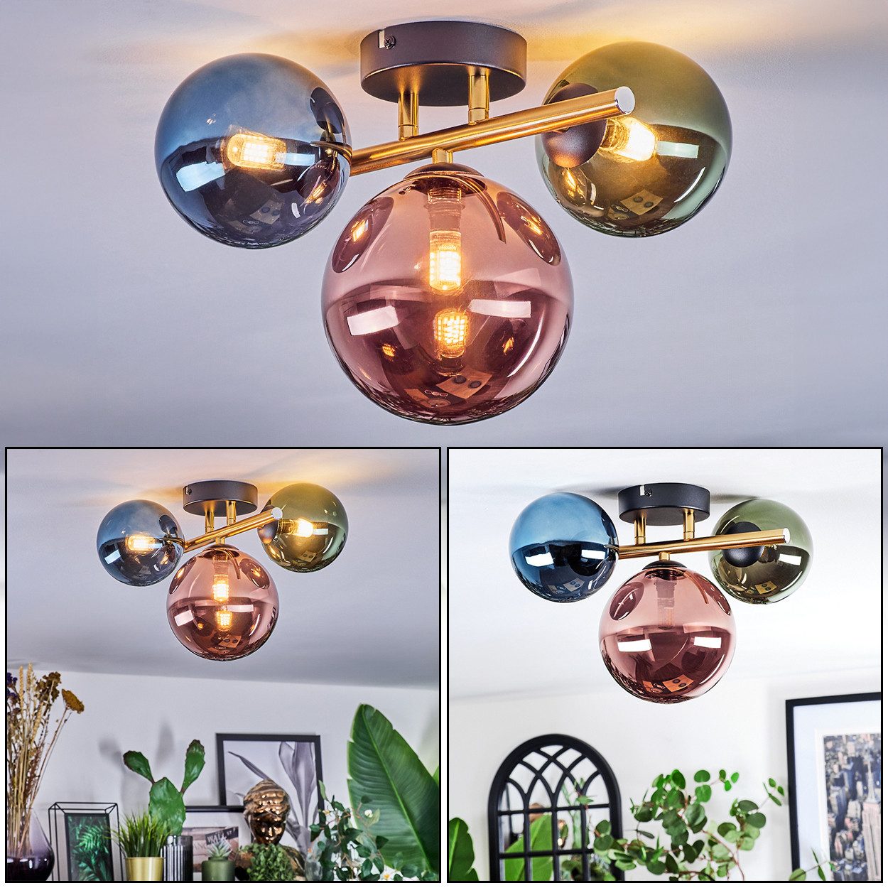 hofstein Deckenleuchte Deckenlampe aus Metall/Glas in Schwarz/Gold/Grün/Blau/Kupfer, Deckenleuchte im modernen Vintage-Design (Schirme Ø 12; 15 cm), 3 x G9