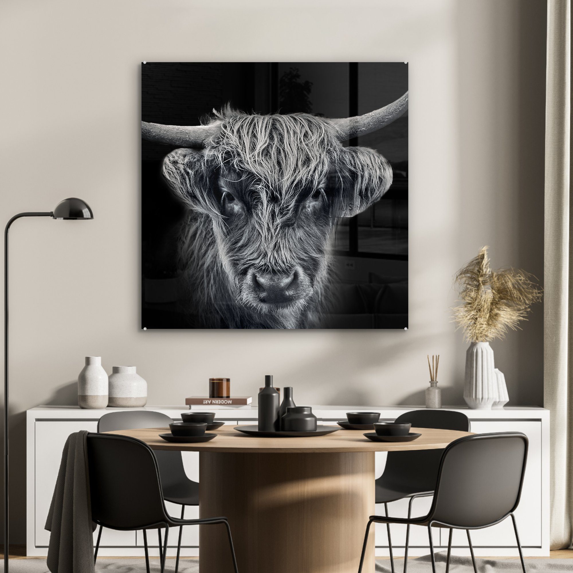 Highlander Schwarz Wohnzimmer Tiere, auf St), für Küche - Glas MuchoWow Schottischer - Bild Acrylglasbild bunt (1 - Kuh Dekorative &