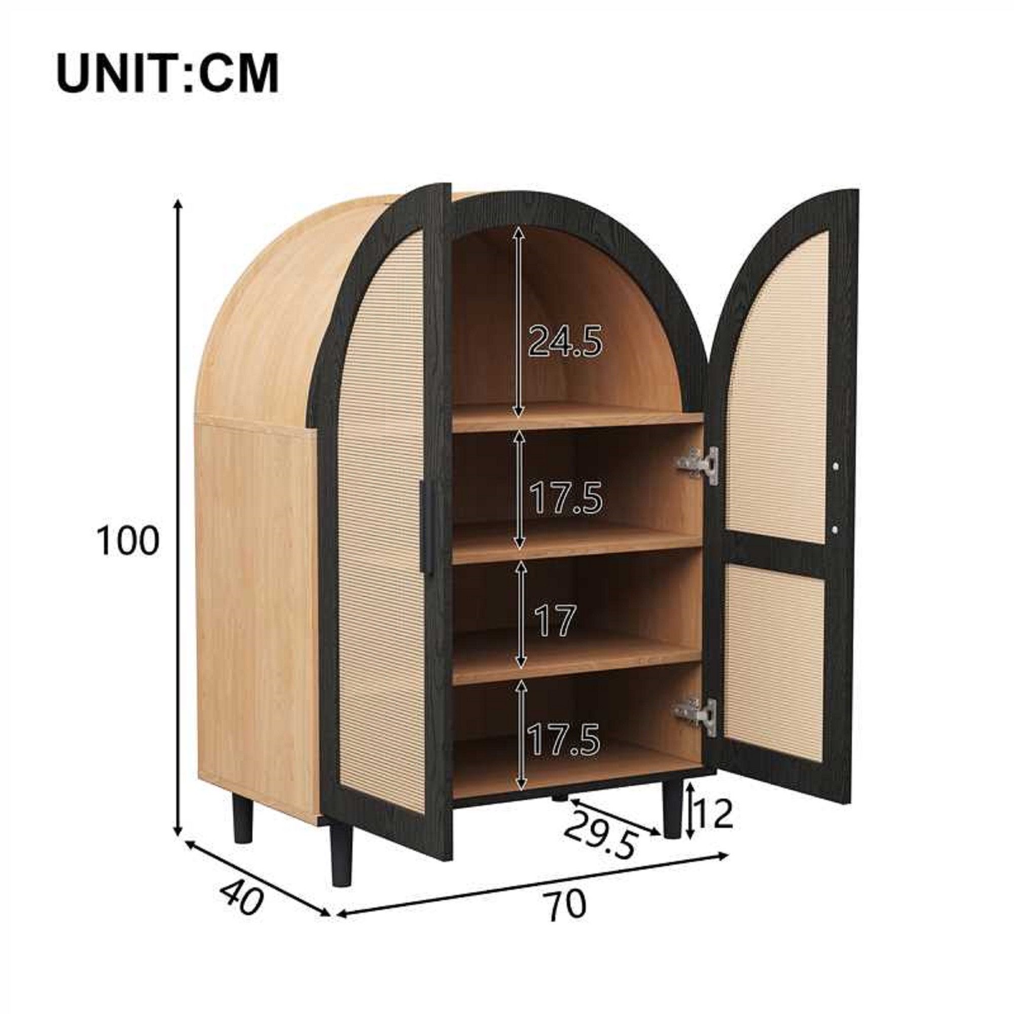 Furnishings Home Schuhschrank Schuhkipper Durchbrochenen Rattantüren und drei Regalen (1-St) Geschwungene Optik Metallbeine des Schranks 70 L x100 H x 40B(cm)