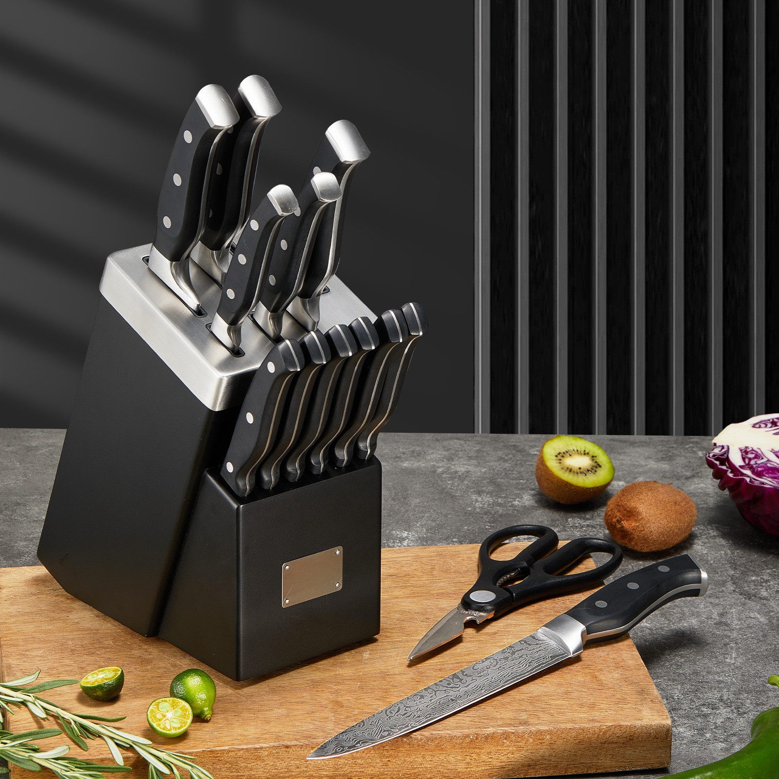 FOHERE Messer-Set 14-teiliges Messerset mit integriertem Schärfer und Wellenmuster (Set, 14-tlg), ergonomische Griffe, modernes Messerblock