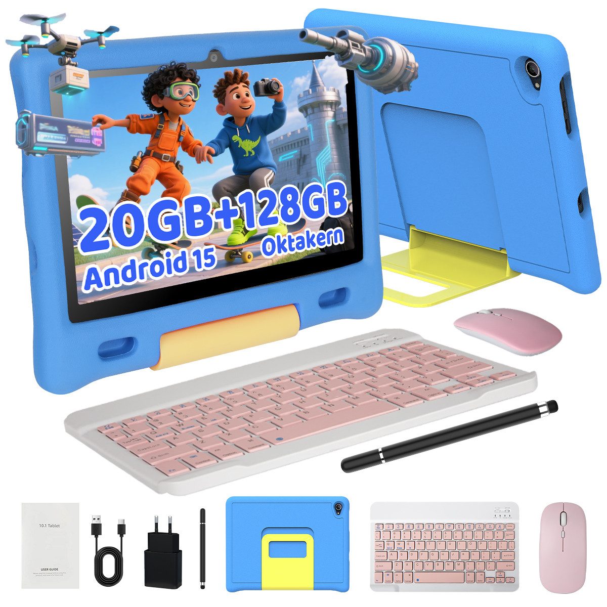 BUFO 10 Zoll 3GB RAM, 128GB, 1280x800 HD Display, Wi-FI 6, 5000mAh, Kinder Tablet (10", 128 GB, Android 15, 5G WiFi, Kinder-Tablet mit Stift/Tastatur/Maus, Elternkontrolle, HD 1280x800)