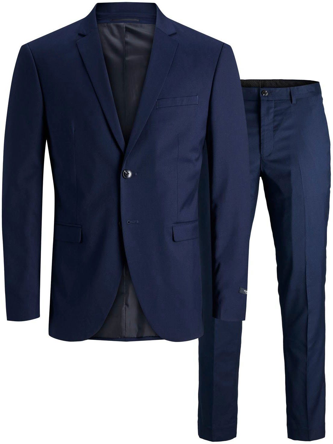 Jack & Jones Anzug JPRFRANCO Extra schmal, pflegeleicht, stilvoll mit fallendem Revers Materialmix aus Polyester, Viskose und Elasthan