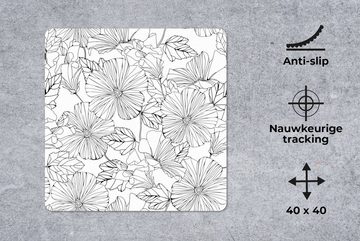 MuchoWow Gaming Mauspad Blumen - Schwarz - Weiß - Design - Flora (1-St), Mousepad mit Rutschfester Unterseite, Gaming, 40x40 cm, XXL, Großes