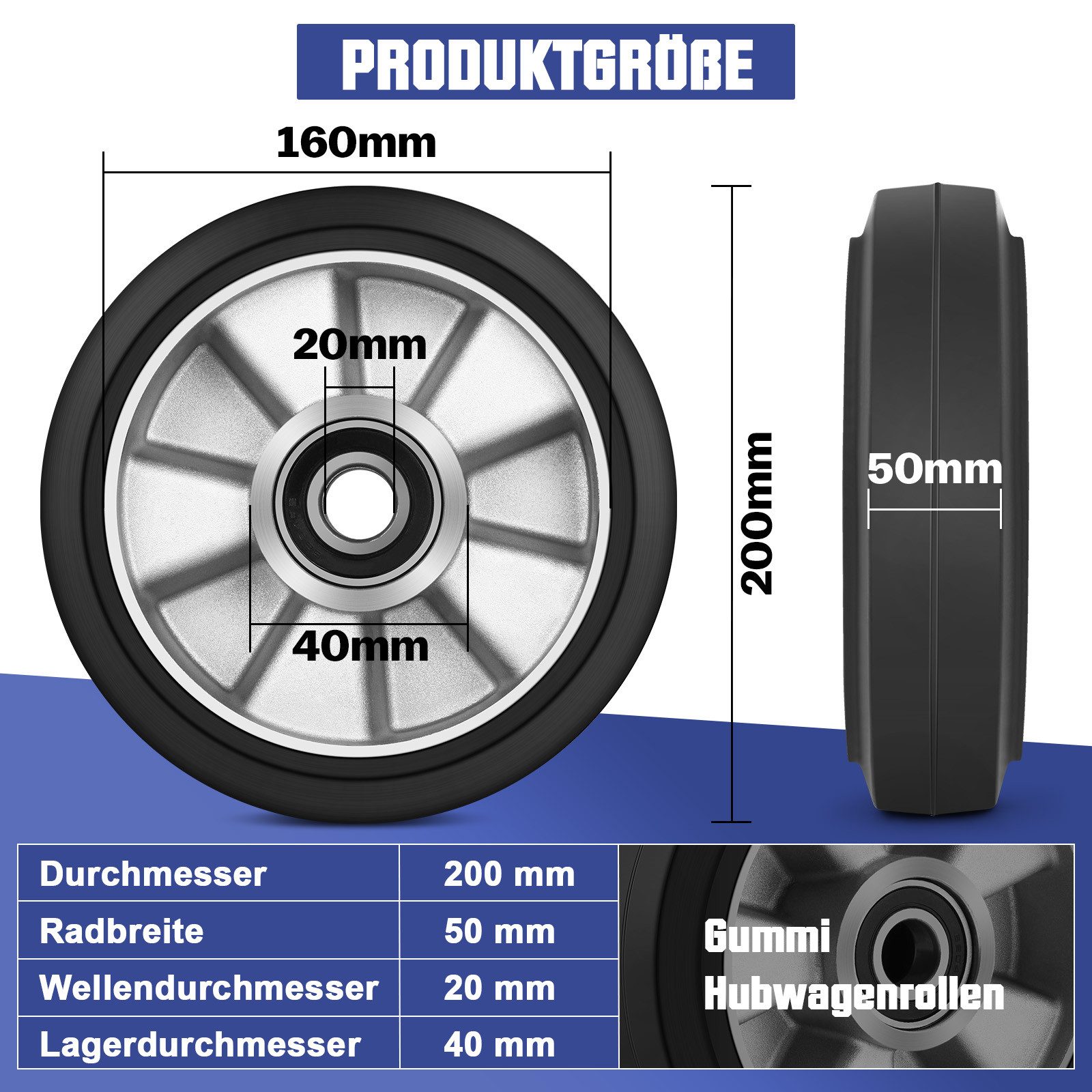 XERSEK Hubwagen 2 Stück Hubwagenrollen mit Kugellager 50x200mm Max.1500KG für Hubwagen, Achse 20 mm Laufrollen mit Geschmiedeter Aluminium-Radnabe Gummi-Rad