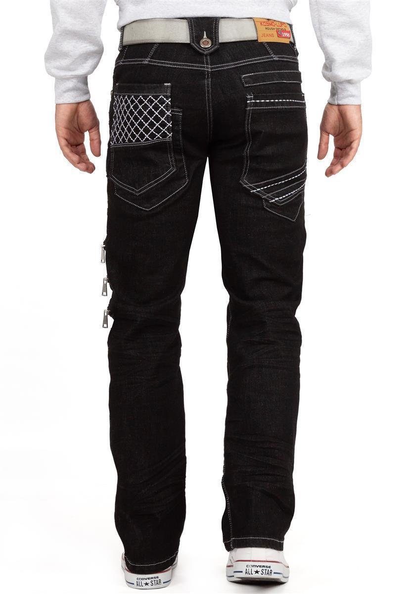 5-Pocket-Jeans Herren schwarz Lupo mit Kosmo Aufgesetzten Hose Applikationen Auffällige BA-KM8006