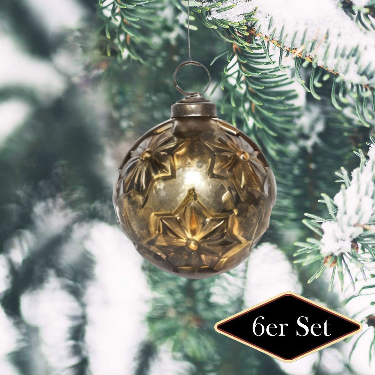 Antikas Weihnachtsfigur Premium Weihnachtskugel, Glas, gold glänzend mit Sternprägung, 6er