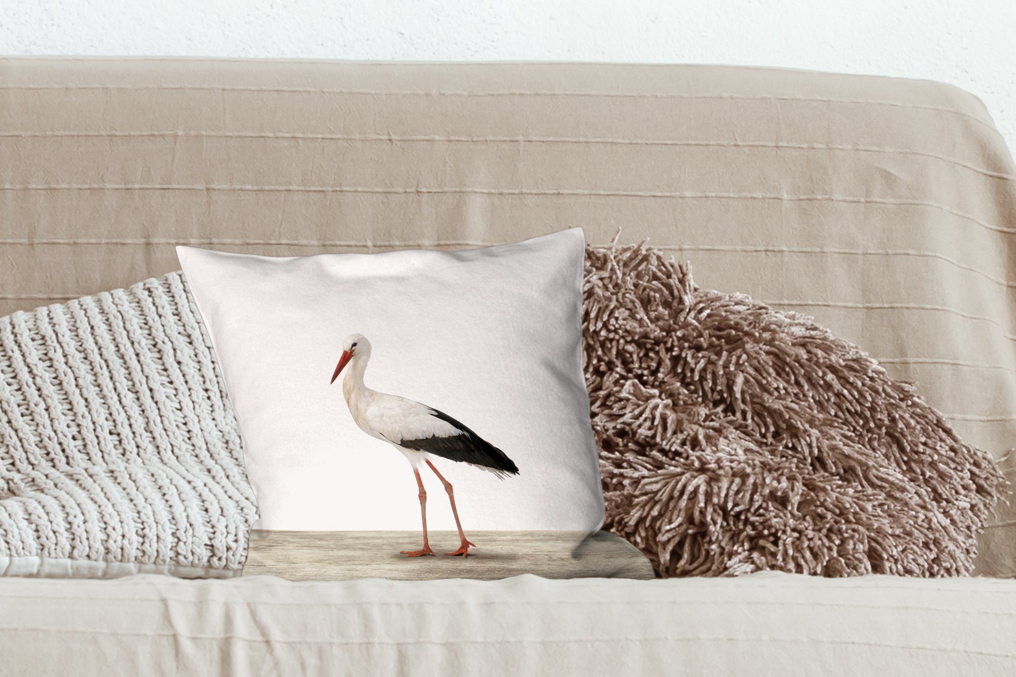 Füllung Deko, Storch Vogel MuchoWow Dekokissen - mit Tiere Kinder für - Zierkissen - Mädchen, - Schlafzimmer, - Sofakissen Wohzimmer, Jungen