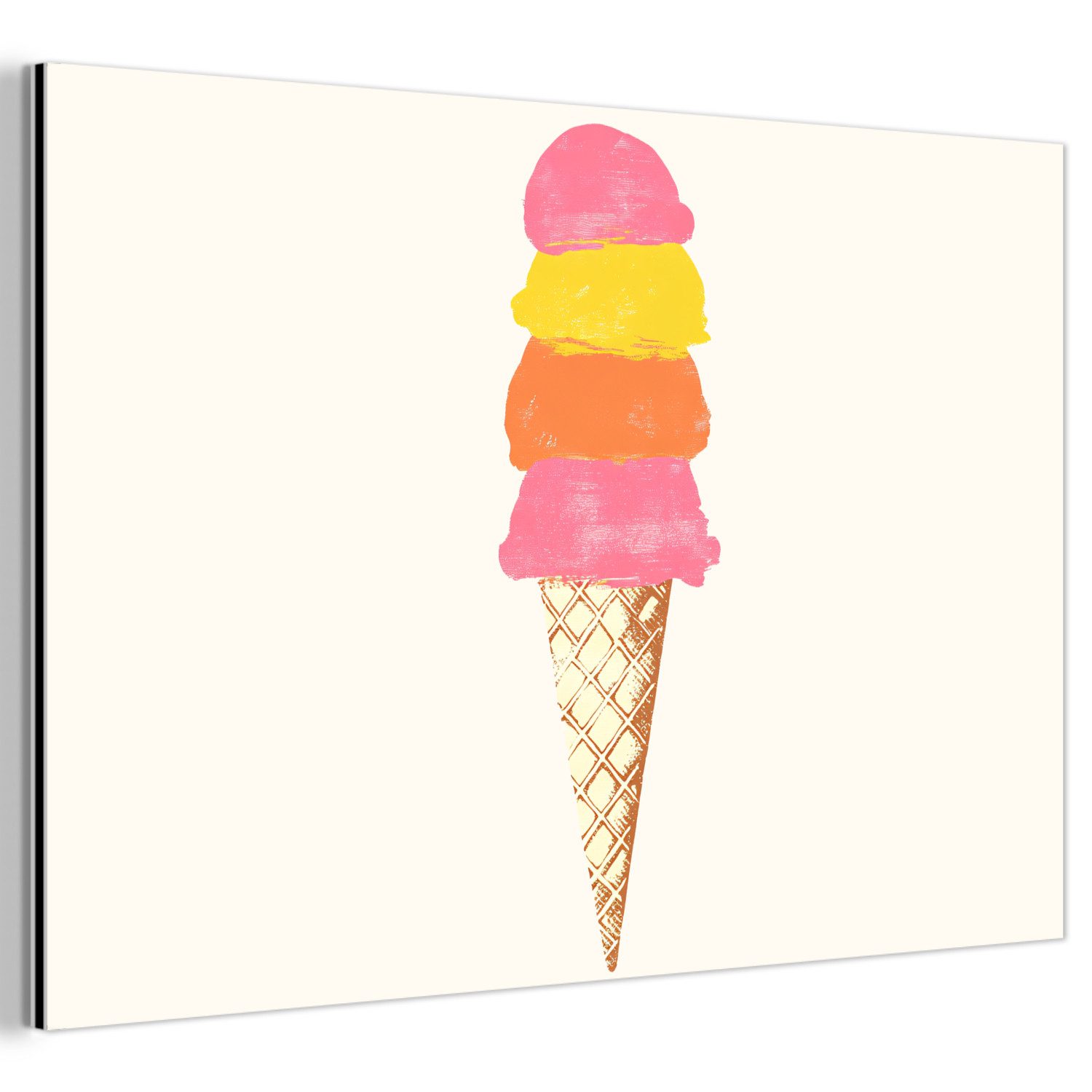 MuchoWow Metallbild Schaufel Eiscreme - Hörner - Illustration - Minimalistisch, Inkl. Aufhängung, Metallbild, Aluminium dekoration, Wandbild Industriell, 120x80 cm
