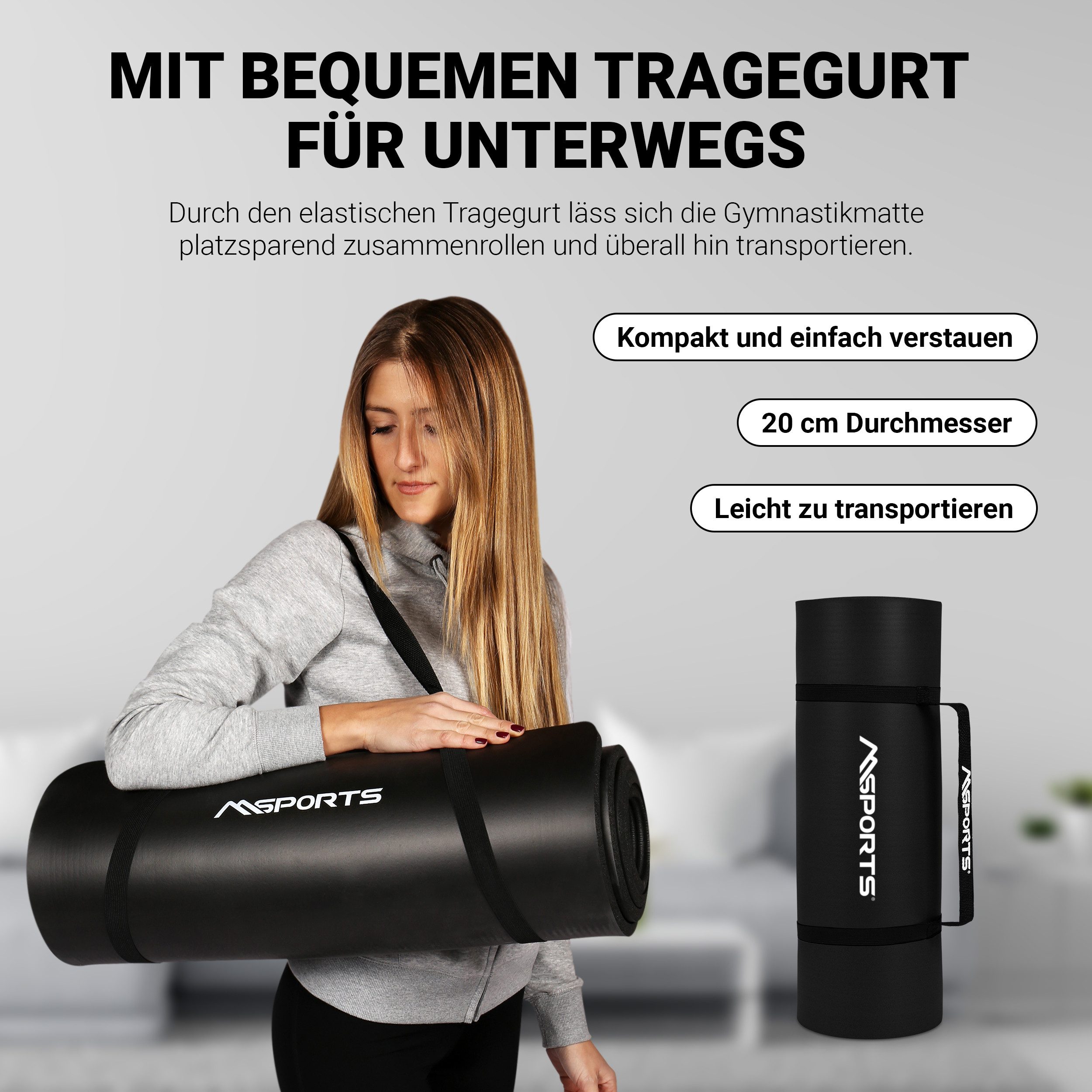 MSports® Gymnastikmatte Yogamatte inkl. Tragegurt + Poster + Workout App