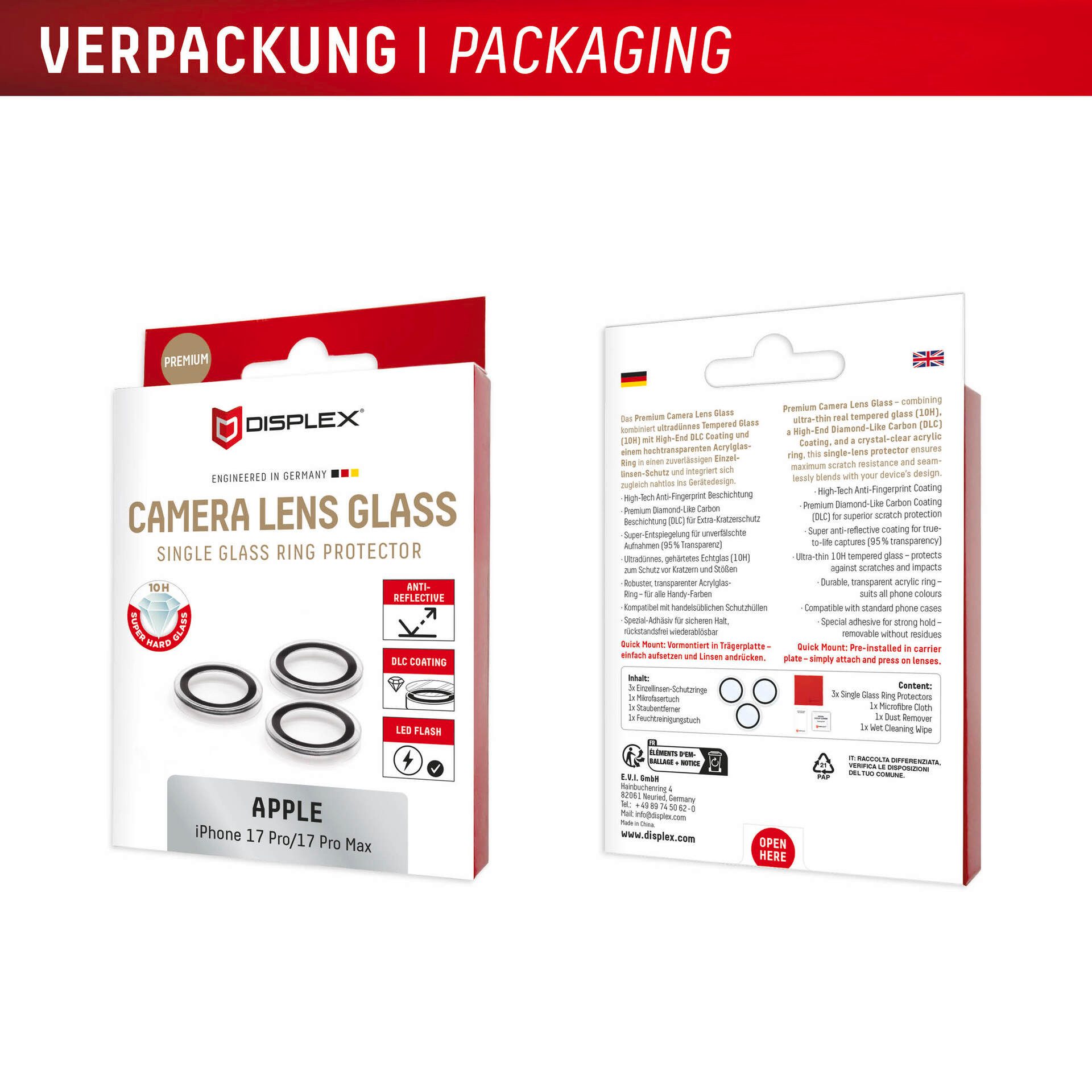 Displex Kameraschutzglas Camera Lens Glass Single Glass Ring Protector für Apple iPhone 17 Pro, Apple iPhone 17 Pro Max, Kameraschutz,Linsenschutz,Objektivschut – Bild 5 von 5