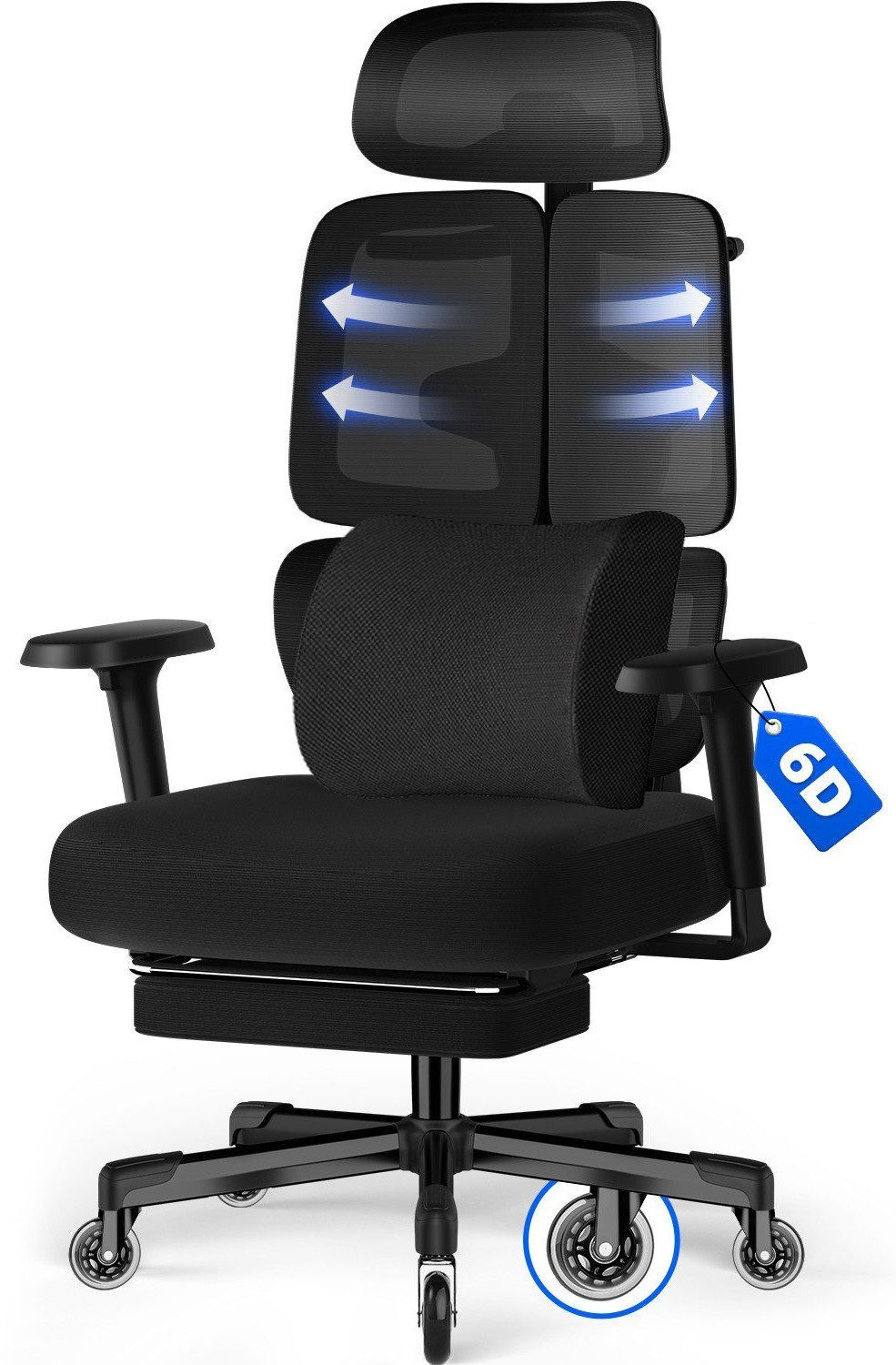Hiazurm Bürostuhl Bürostuhl, Chefsessel, ergonomischer Schreibtischstuhl, atmungsaktiv (3-stufig arretierbare Rückenlehne, adaptives Rückenlehnendesign, dynamische, selbsteinstellende 20°-Lendenwirbelstütze, verstellbare 3D-Kopfstütze, 6D-Multifunktionsarmlehnen), Atmungsaktiver Netzbezug,Bis 200 kg