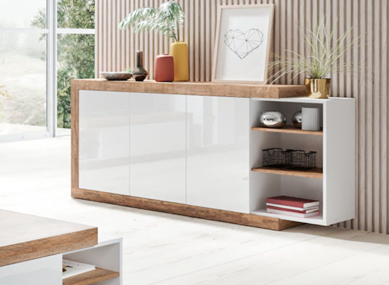 Helvetia Sideboard Saragossa (Sintra, 1 St., 1-teilig), 180cm weiß Hochglanz / samdal eiche grifflos