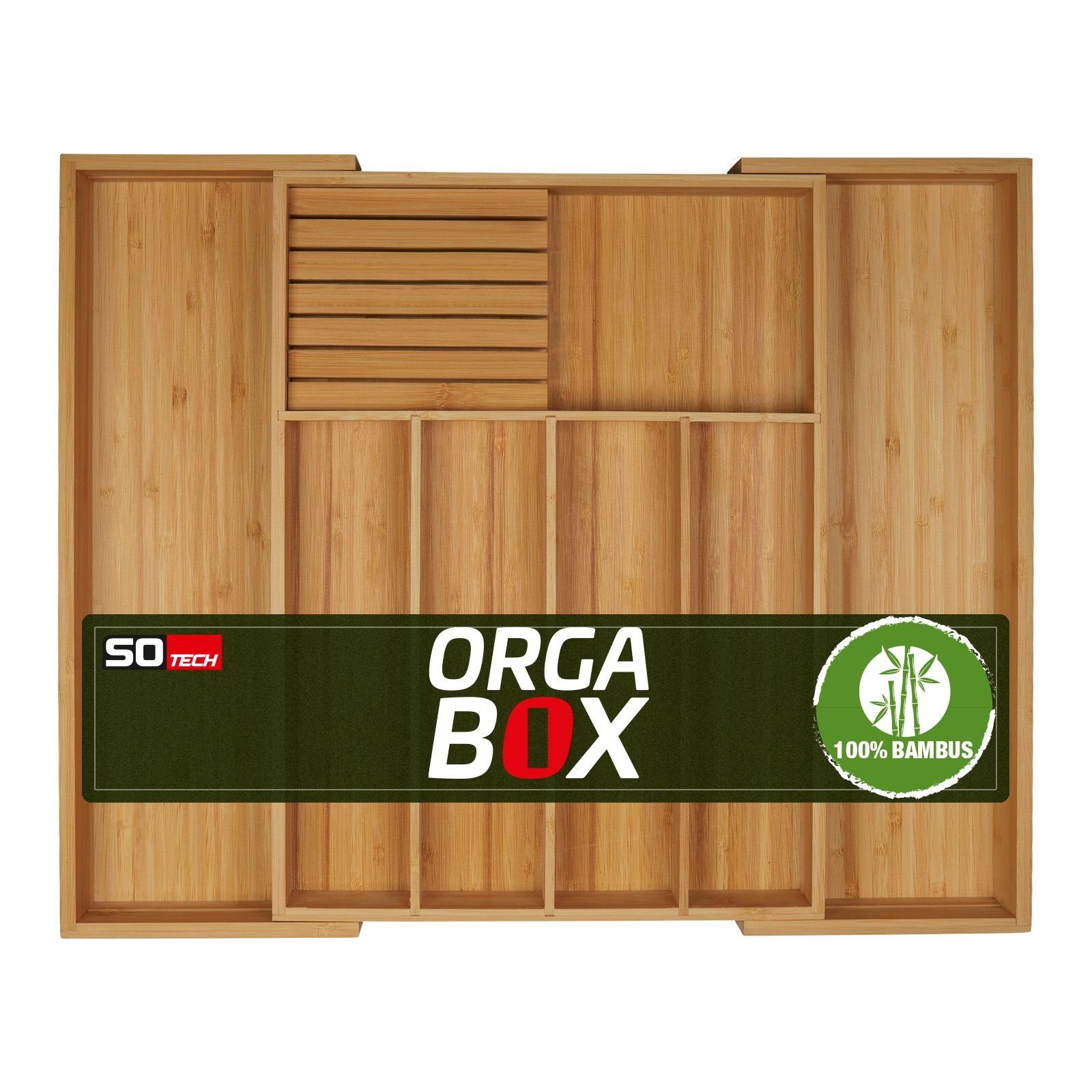 SO-TECH® Besteckeinsatz ORGA-BOX® Universal Bambus Besteckkasten verstellbar (1 St), 5-7 Fächer, Breite 350 - 580 x Tiefe 470 mm mit Messerblock