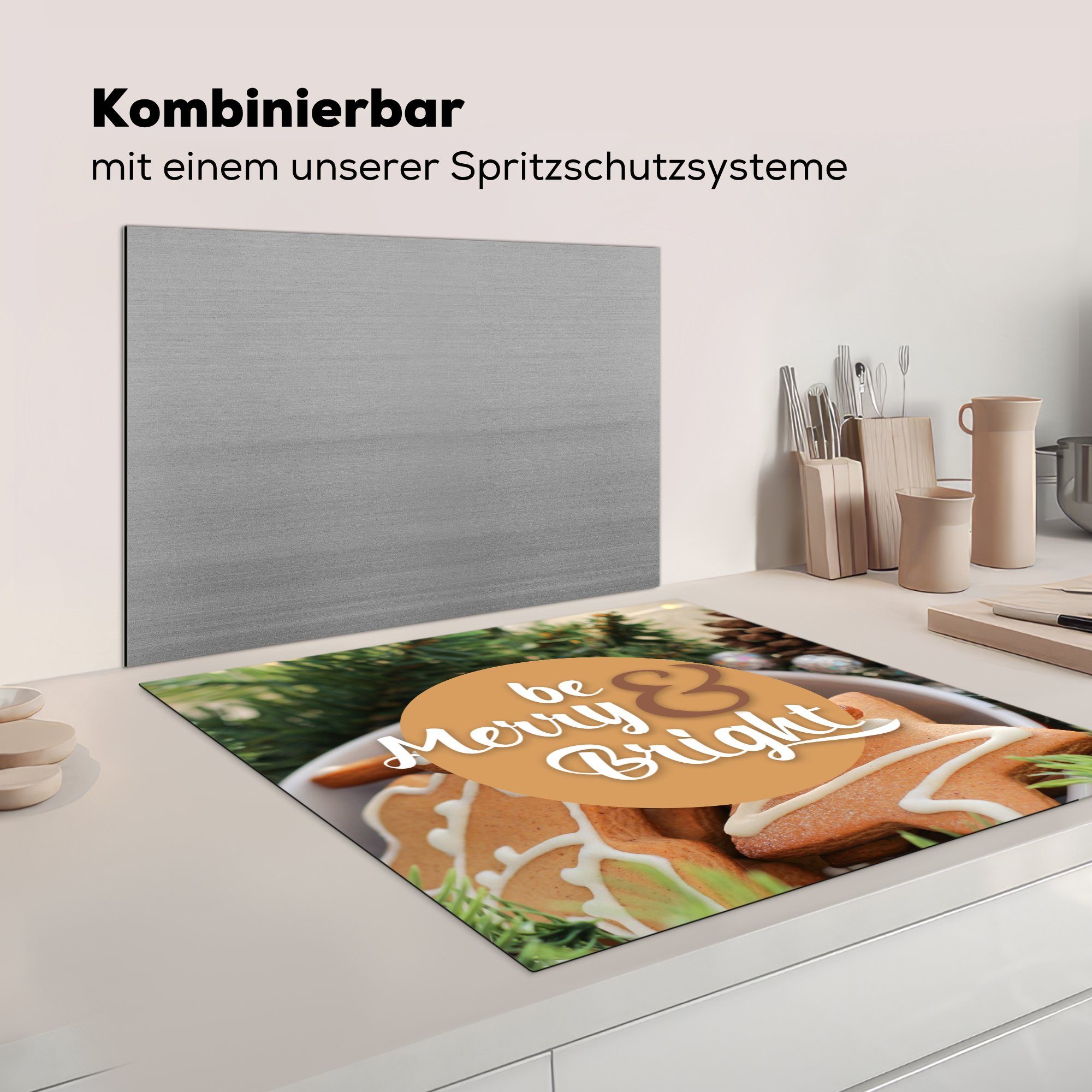 MuchoWow Herdblende-/Abdeckplatte Zitate für Arbeitsplatte küche Vinyl, und - 'Fröhlich Sprichwörter sein, 78x78 - cm, heiter' (1 tlg), Ceranfeldabdeckung