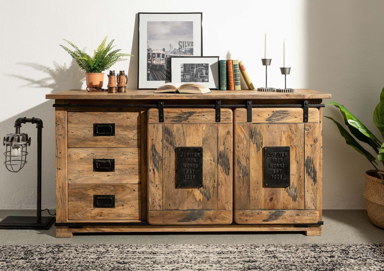 Massivmoebel24 Sideboard RAILWAY (Massivholz), Mango 150x45x80 natur lackiert RAILWAY #100