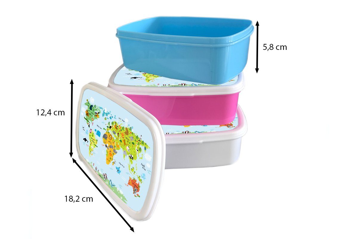 Weltkarte - rosa für Kunststoff - Brotbox Lunchbox (2-tlg), Kunststoff, - Mädchen, Tiere MuchoWow - Jungen - Erwachsene, Snackbox, Kinder Natur Kinder, Mädchen, Brotdose