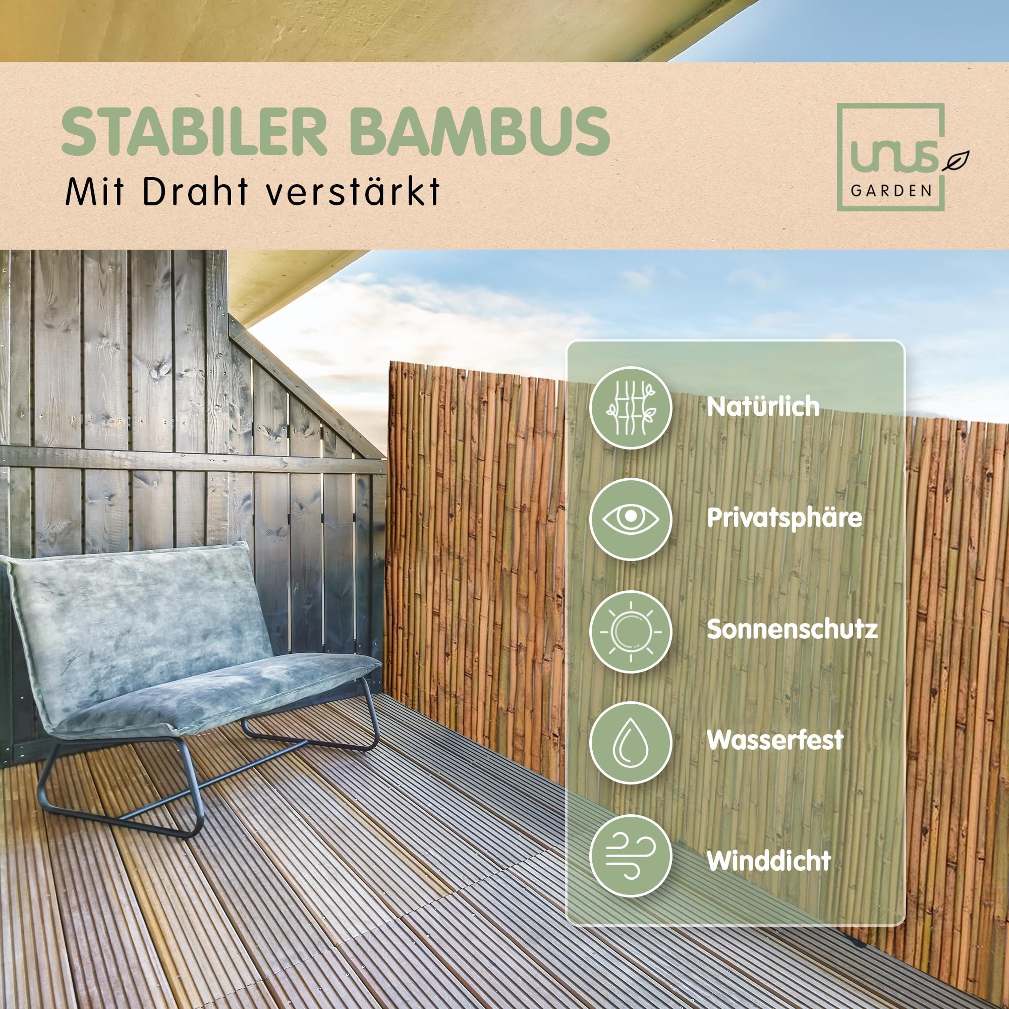 UNUS GARDEN Balkonsichtschutz Sichtschutzmatte Bambus (1-St., verschiedene Größen) Windschutz, natürlicher Sichtschutz, Sichtschutzzaunmatte – Bild 5 von 5