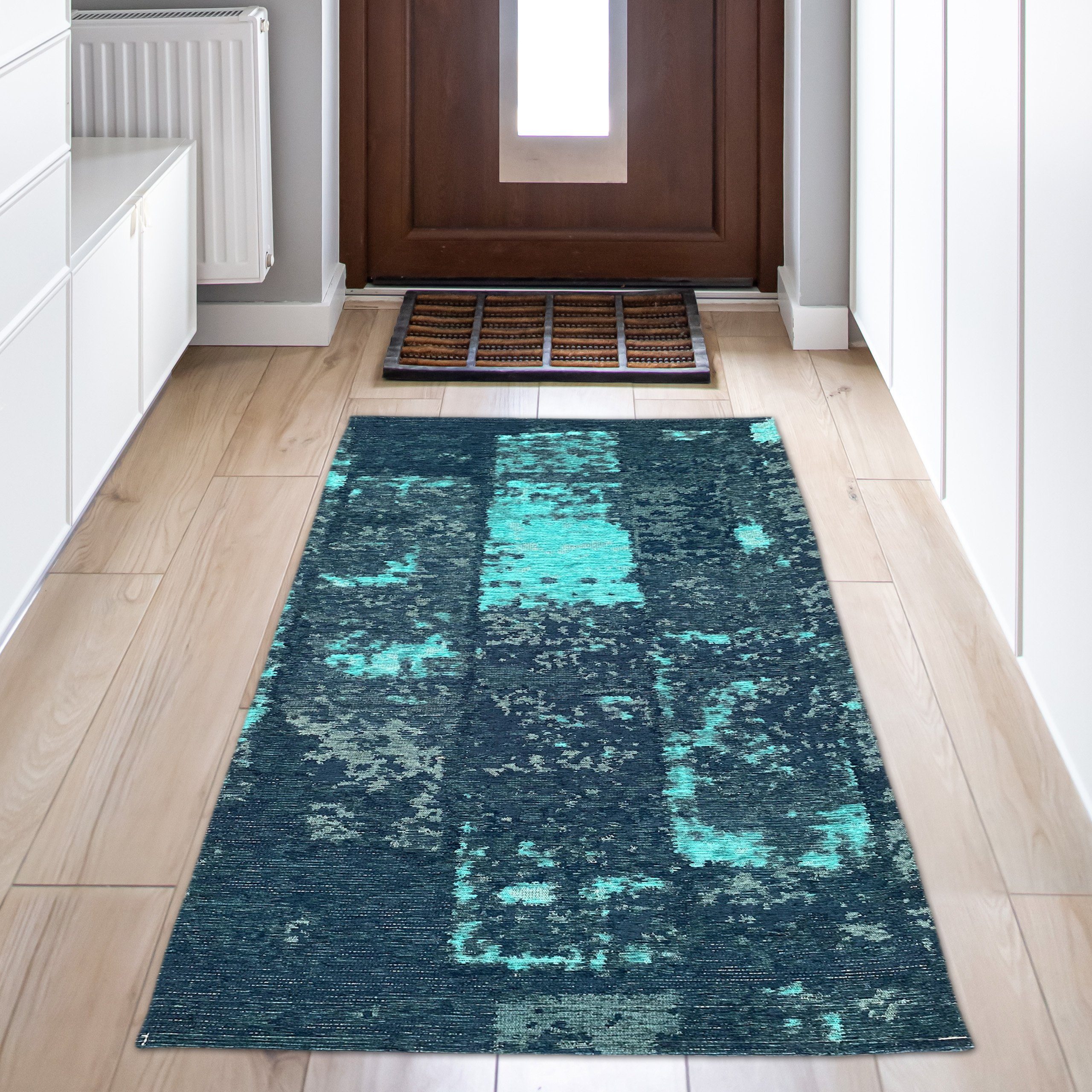 Carpetia Teppich Abstrakter Wohnzimmerteppich in blau, weiß und grau, rechteckig, Höhe: 9 mm