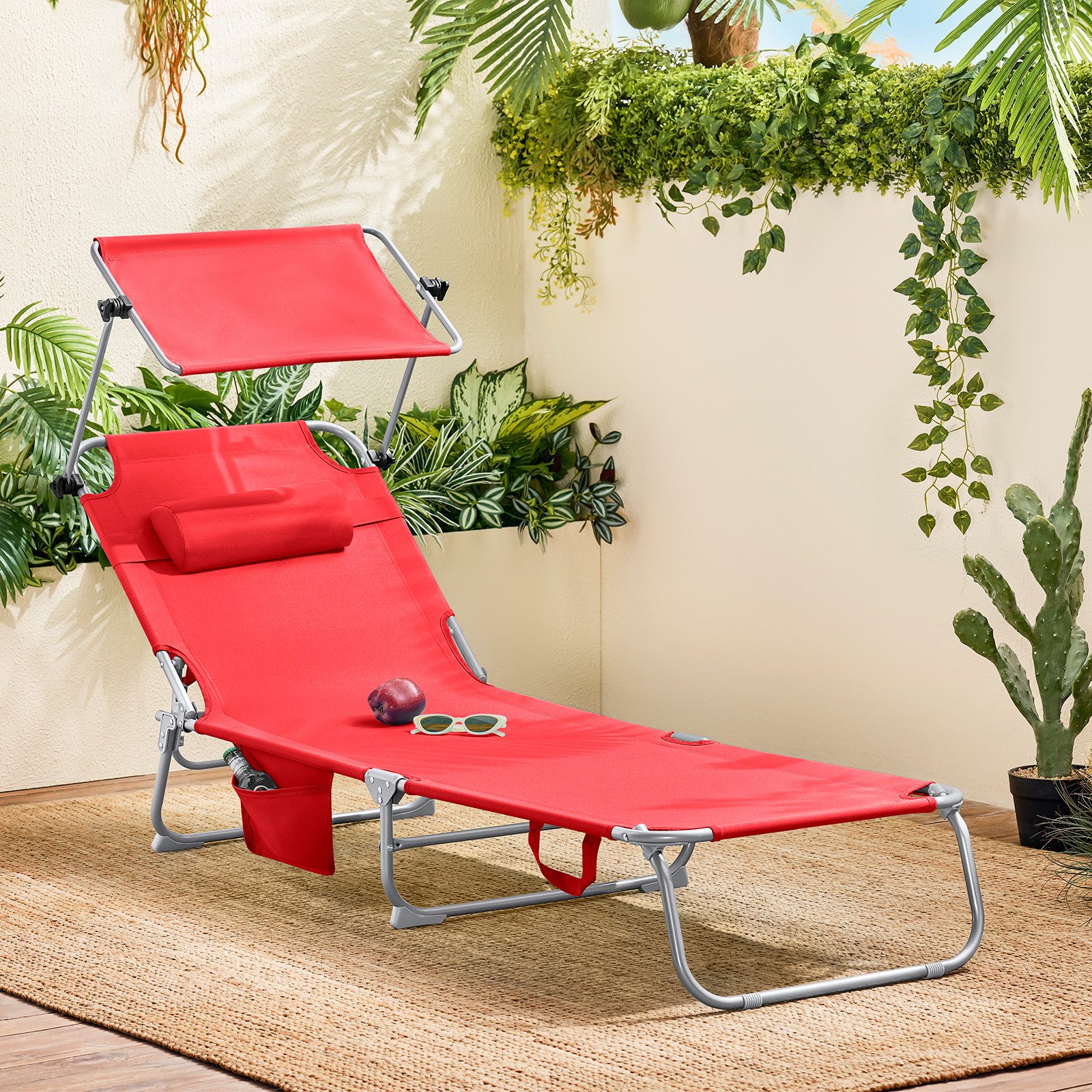 SoBuy Gartenliege mit Kopfkissen und Sonnendach aus Metall Klappbar Rot OGS günstig online kaufen