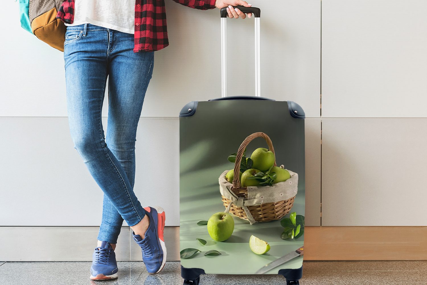 Handgepäckkoffer MuchoWow Reisetasche 4 Grüner mit auf rollen, Handgepäck Hintergrund, Trolley, Apfel für weißem Reisekoffer Ferien, Rollen,