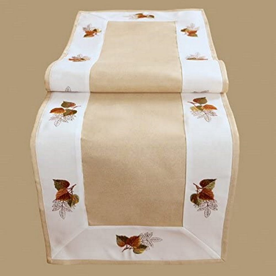 Raebel Tischdecke mit Stickerei Blätter Herbst Tischdeko Herbstdeko  herbstlich, bestickt, hochwertige Stickerei im Motiv Blätter