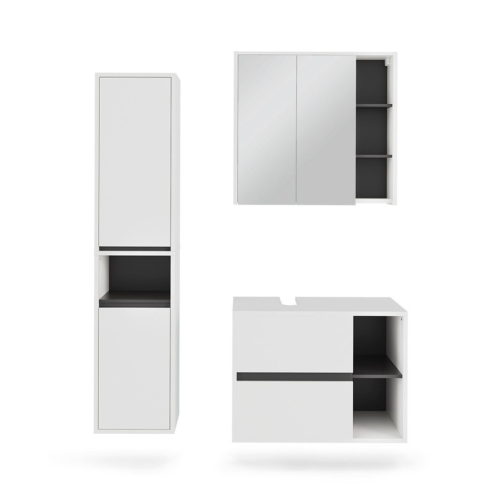 Vicco Badmöbel-Set Viola, Weiß/Grau, 3 Teile, (3-St., 3er Set)