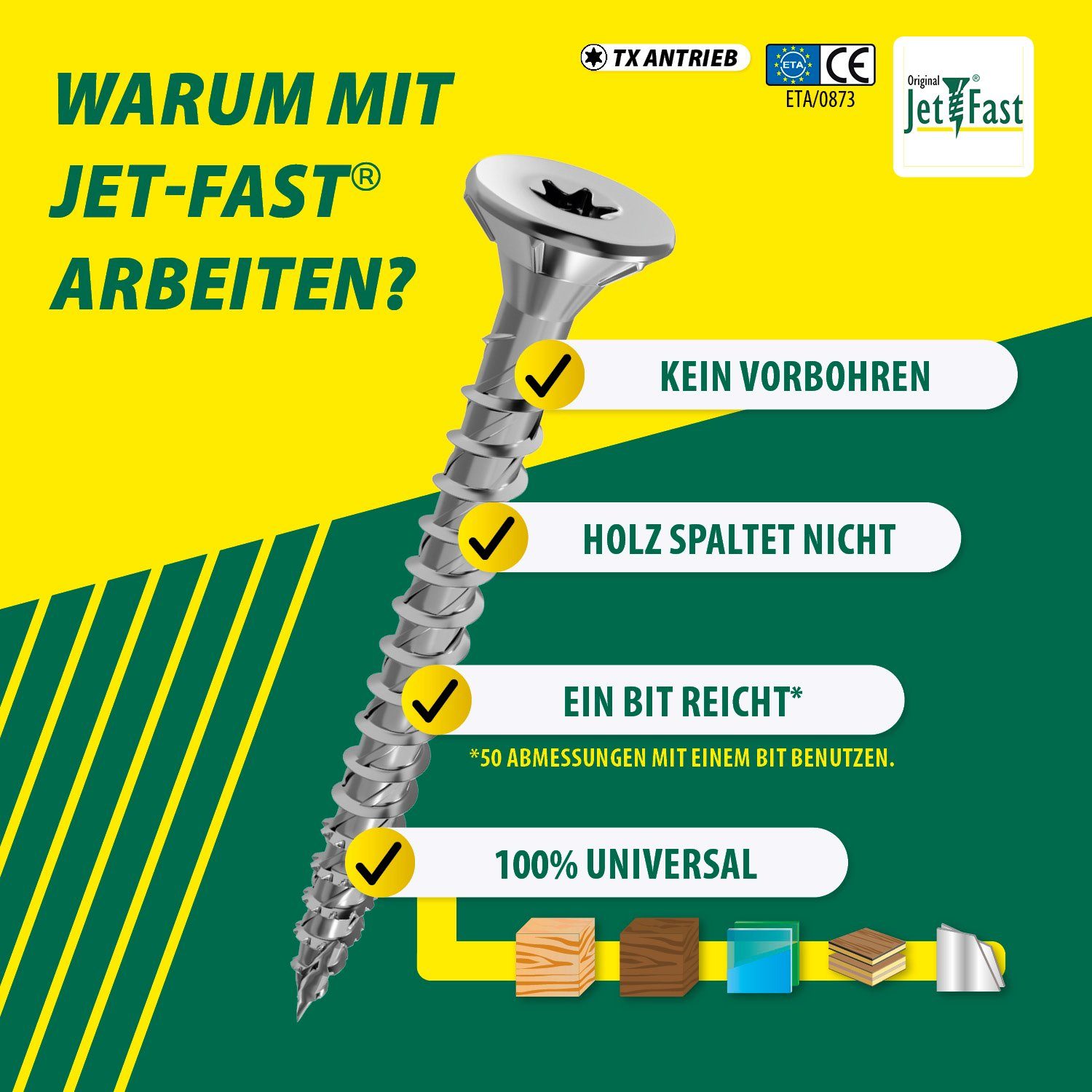 Jet-Fast Spanplattenschraube Universalschrauben 5x60mm & weitere Gelb/Blau verzinkt, (ETA-Zulassung), Selbstbohrspitze, Duo-Senkrippenkopf, Mehrfachgewinde, German Quality