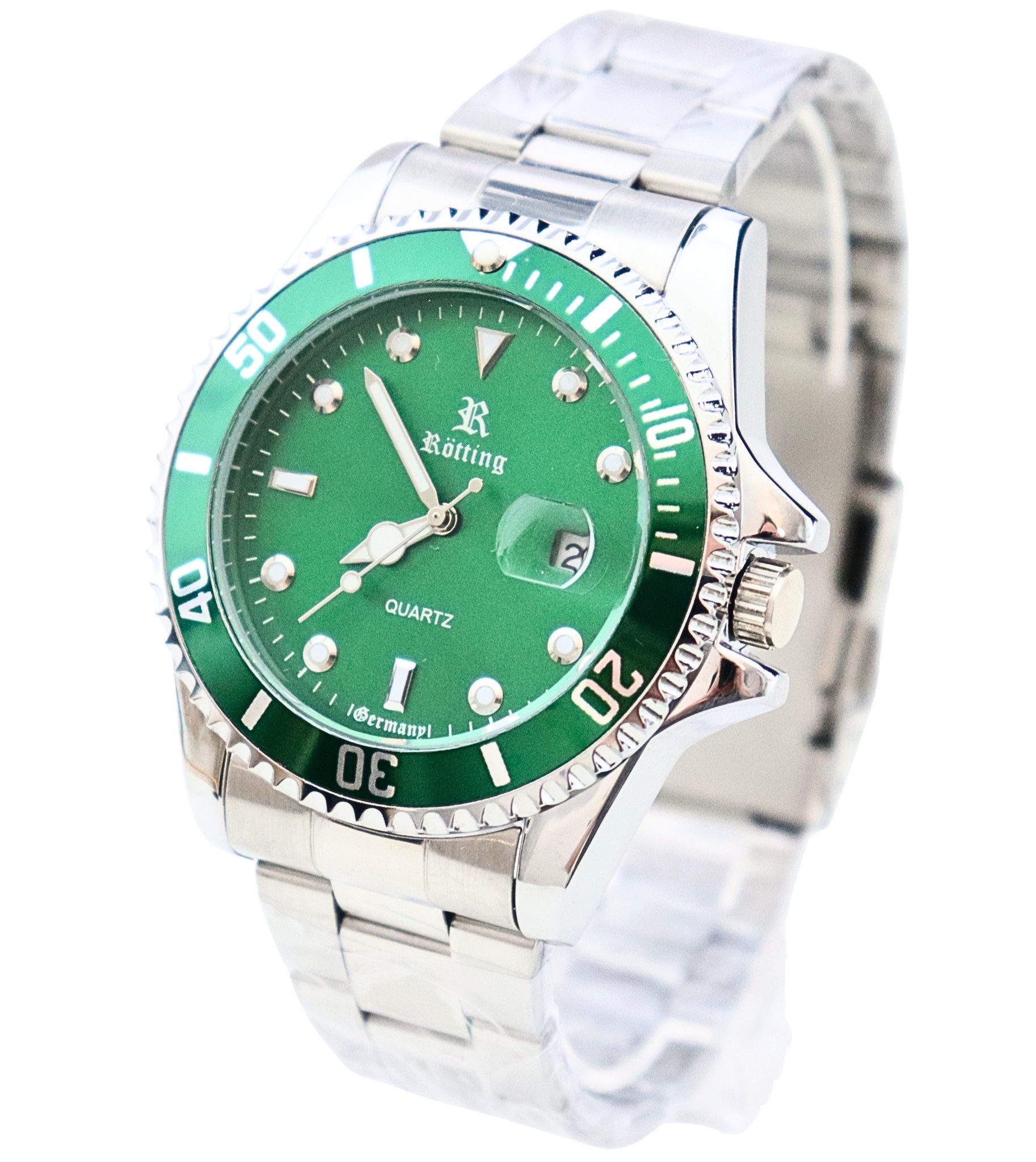 Rötting Design Quarzuhr Herrenuhr Armbanduhr Edelstahl grünes Ziffernblatt DATUM, grüne Lünette drehbar, aus der Collection "Rötting"