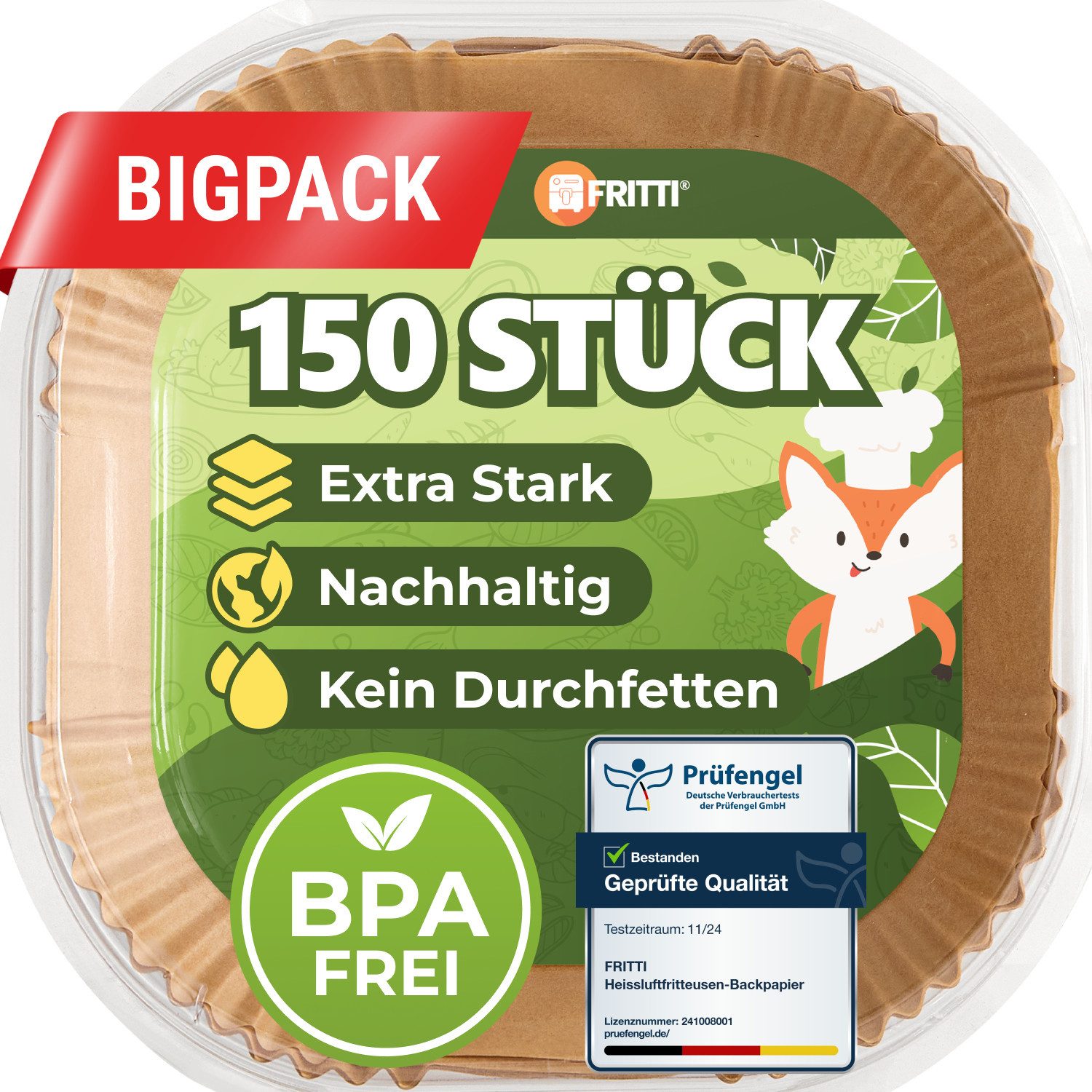 FRITTI Backpapier Backpapier für Heißluftfritteuse 150 Stück DEKRA geprüft, Quadratisch XL Heissluftfritteuse Zubehör Papier für Airfryer 4,5-8L