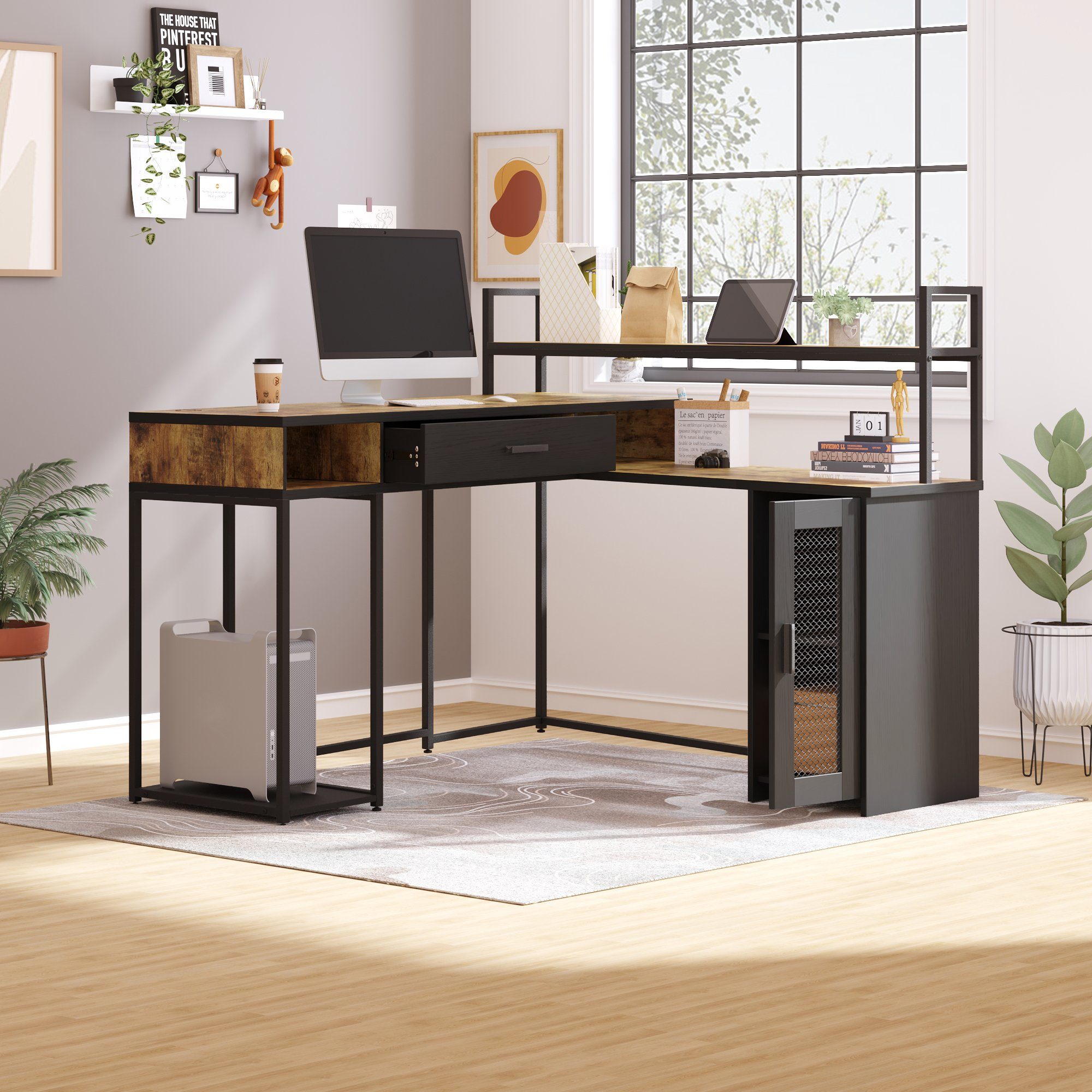 Sweiko Schreibtisch (mit Schublade und Schrank), L-förmiger Eckschreibtisch  für Studium und Büro, Breite 130cm