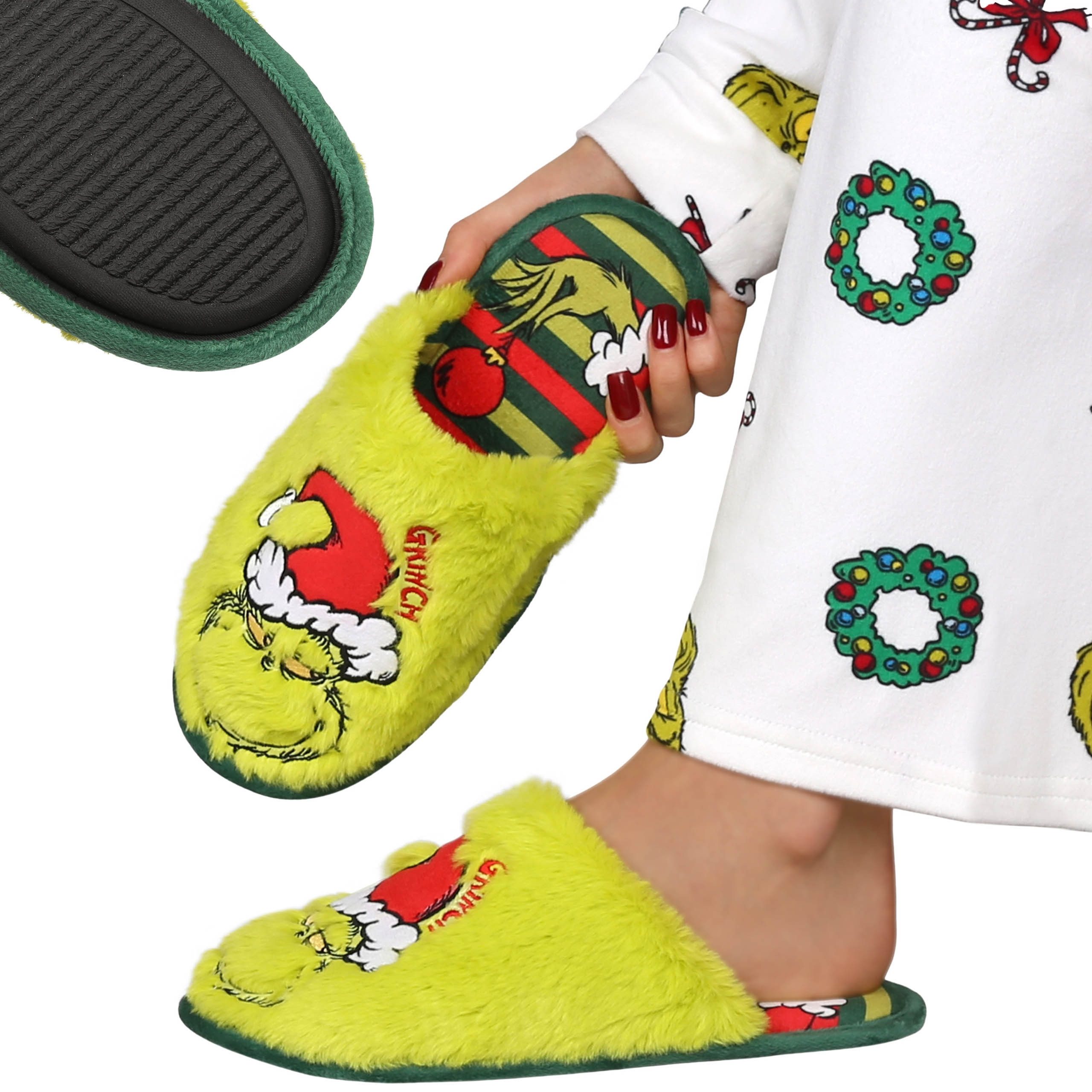 Sarcia.eu Grinch ANTI-RUTSCH-Hausschuhe für Damen, WEIHNACHTS-Hausschuhe, WARM Plüsch Hausschuhe