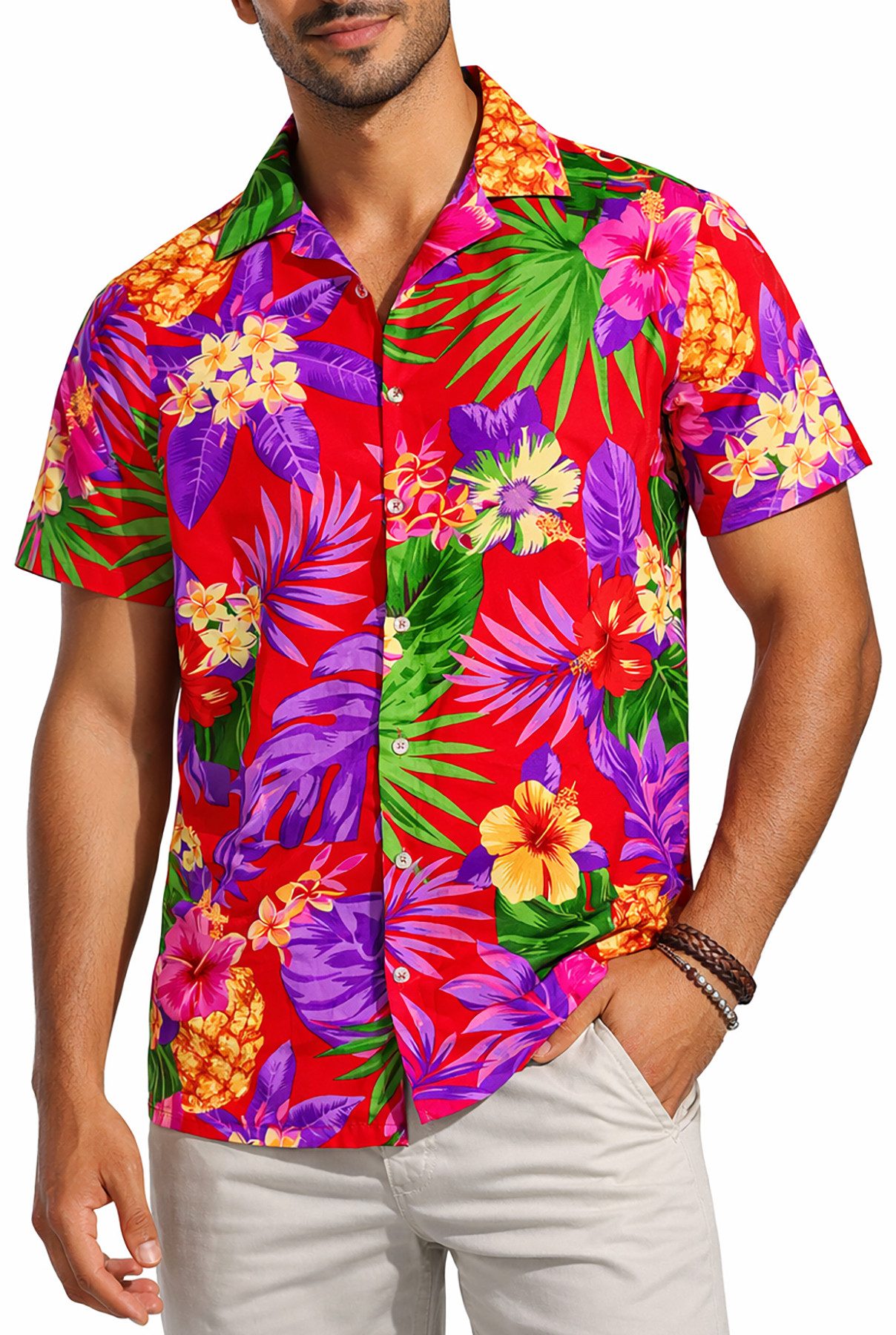 King Kameha Hawaiihemd "Pineapple" Funky Hawaii-Hemd Herren Kurzarm Front-Tasche Stylish