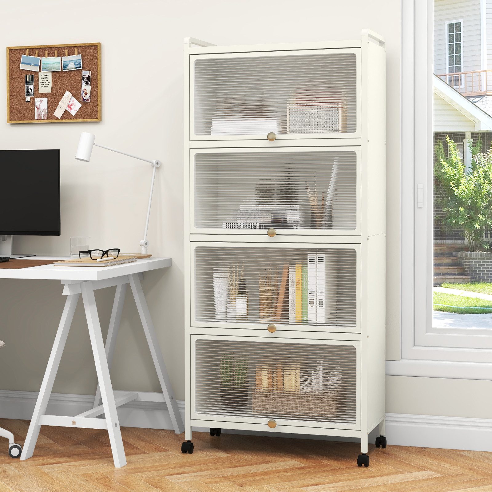 COSTWAY Hochschrank 5-stufig Küchenregal mit aufklappbaren PC-Türen & Rolle günstig online kaufen