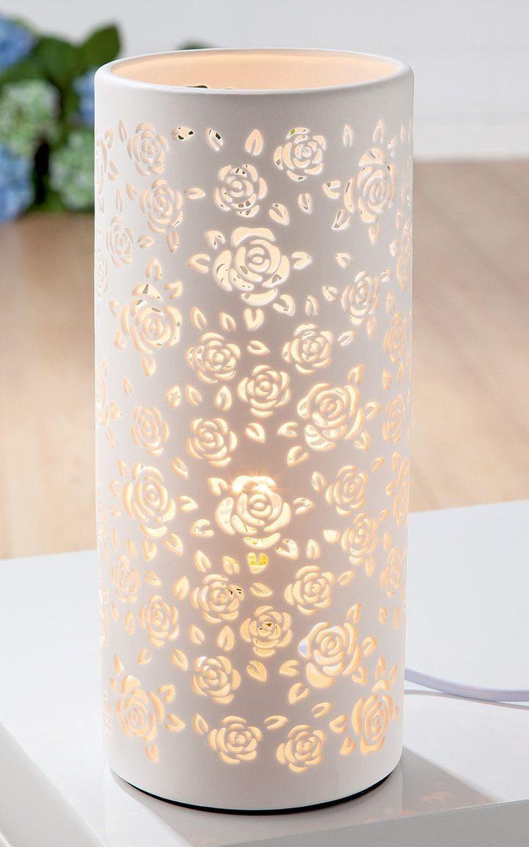 rund weiß GILDE Porzell Rose Lampe Dekoobjekt 27cm