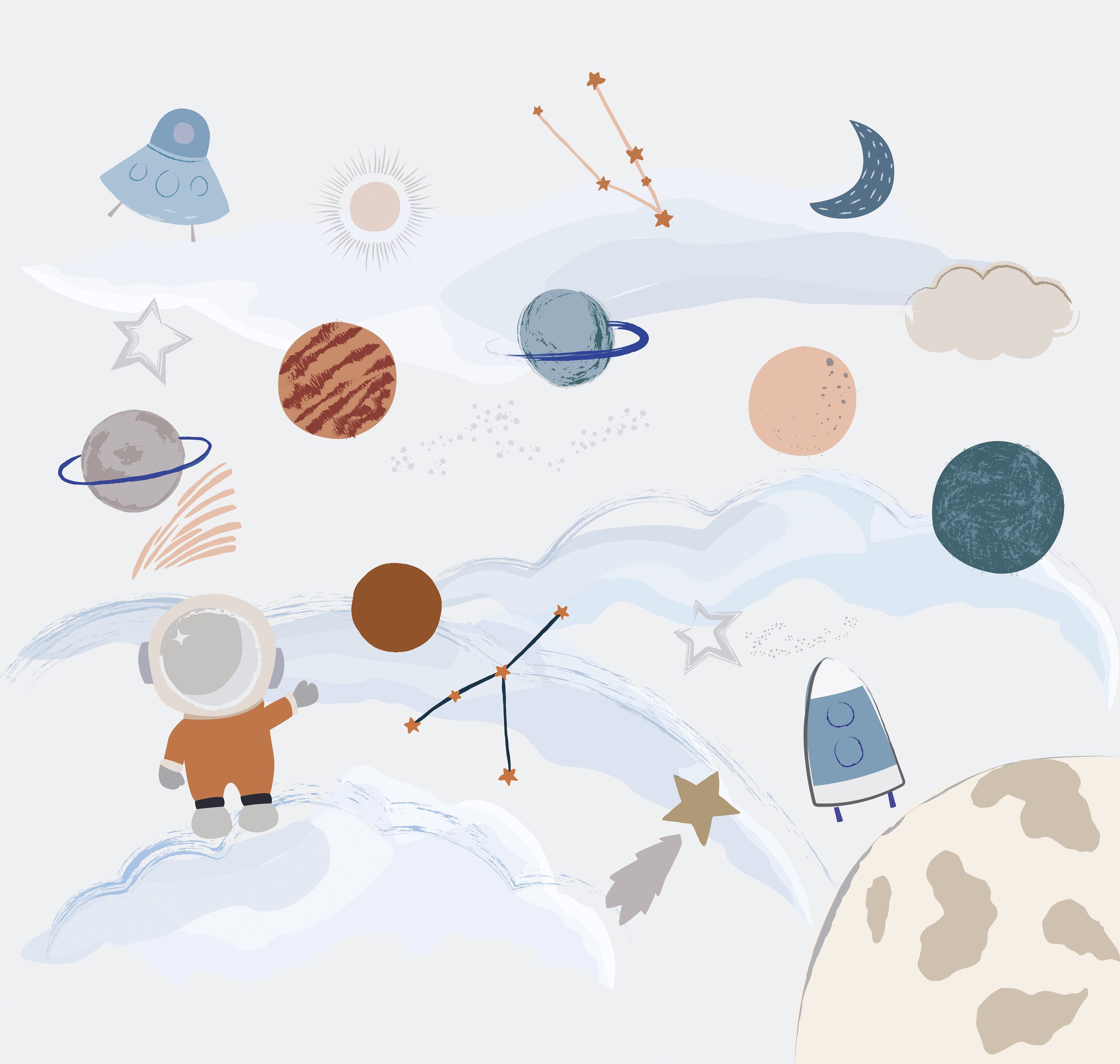 Rasch Fototapete Unendliche Weiten für Kinder - Roomblush Space RB355 - 2,85m x 3,00m, glatt, verspielt, kindgerecht, (1 Rolle, 1 St), Das unendliche Weltall im Kinderzimmer
