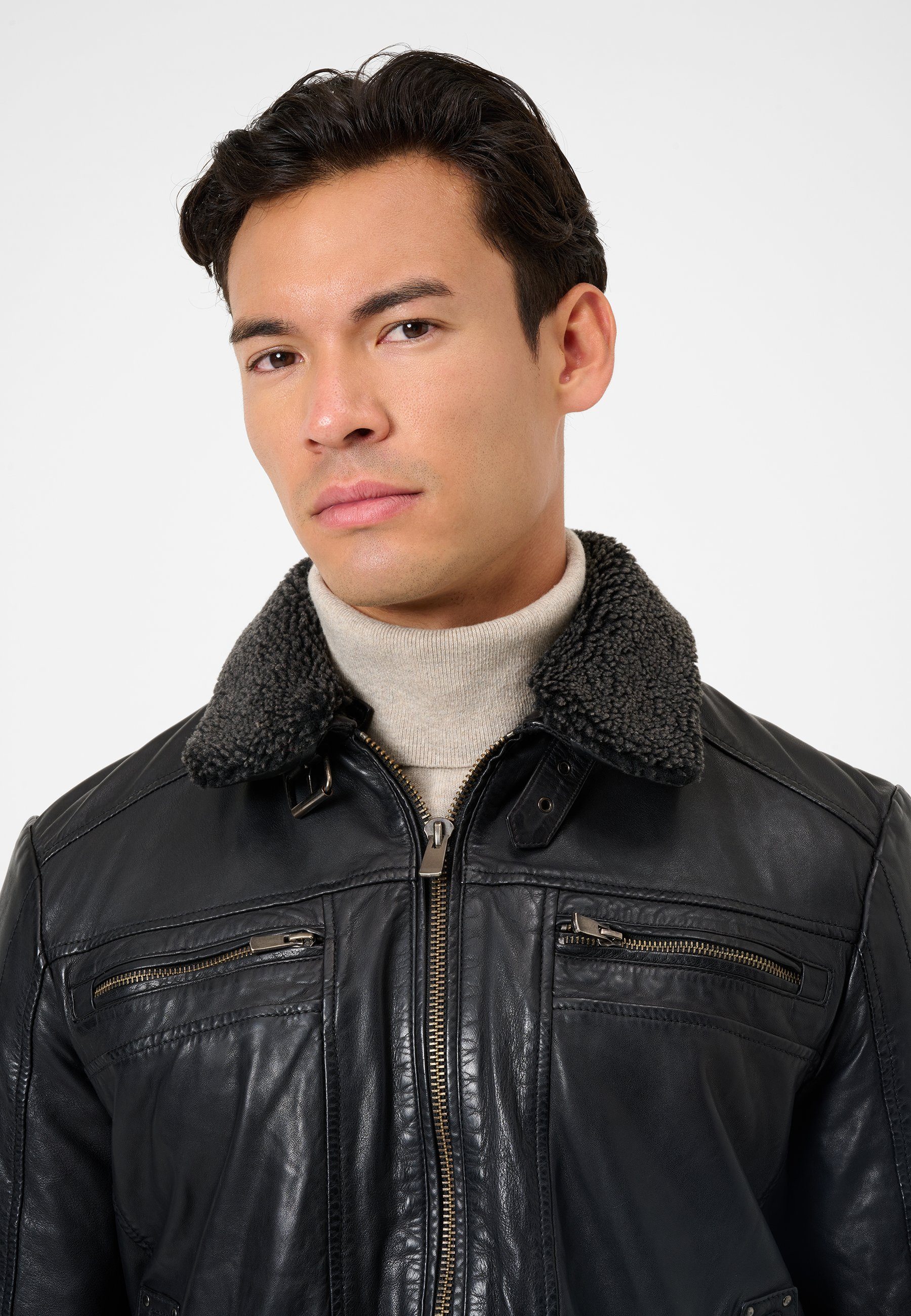 RICANO Lederjacke Dino Lederjacke mit Fellkragen und Brusttaschen
