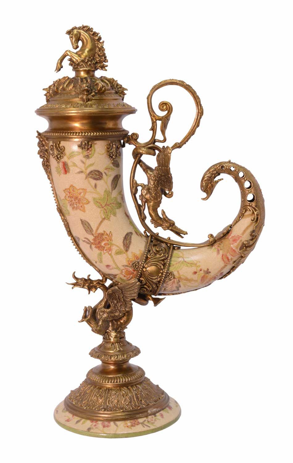 Dekoobjekt Füllhorn Porzellan Messing Horn Pferd Drache Blume Skulptur Antik-Stil